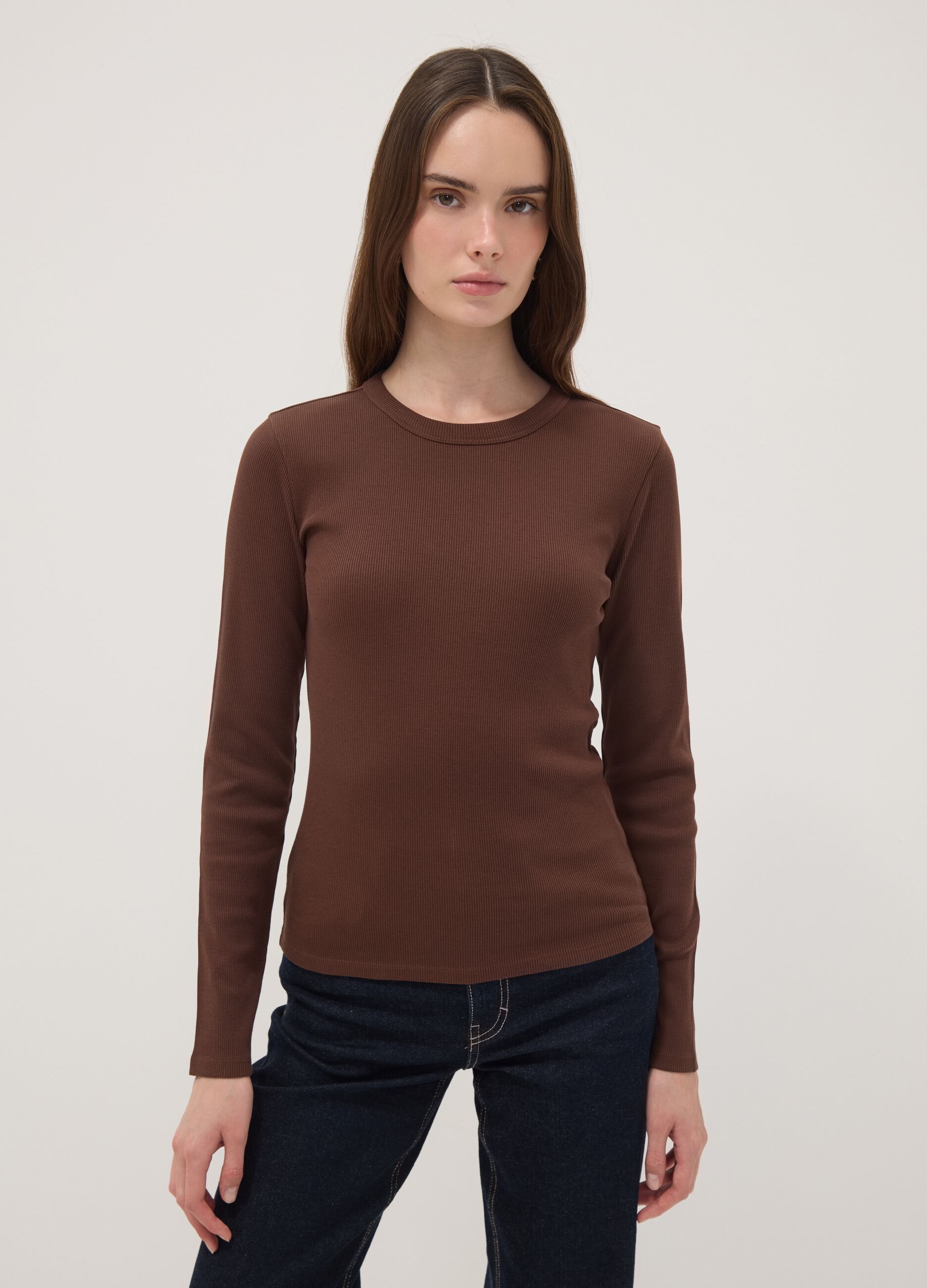 Brown long-sleeve pure cotton T-shirt