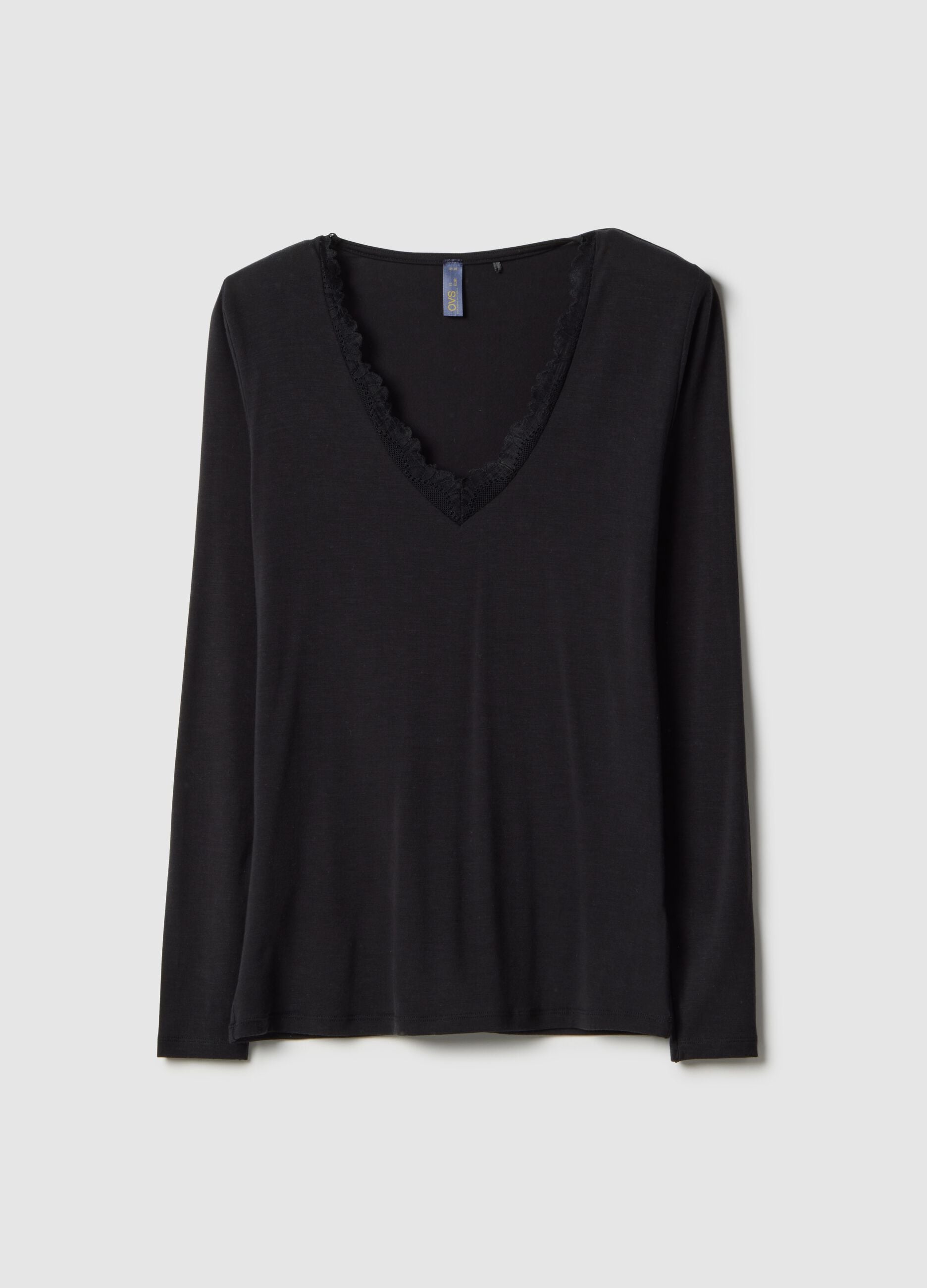 Black long sleeve top regular fit with lace trim