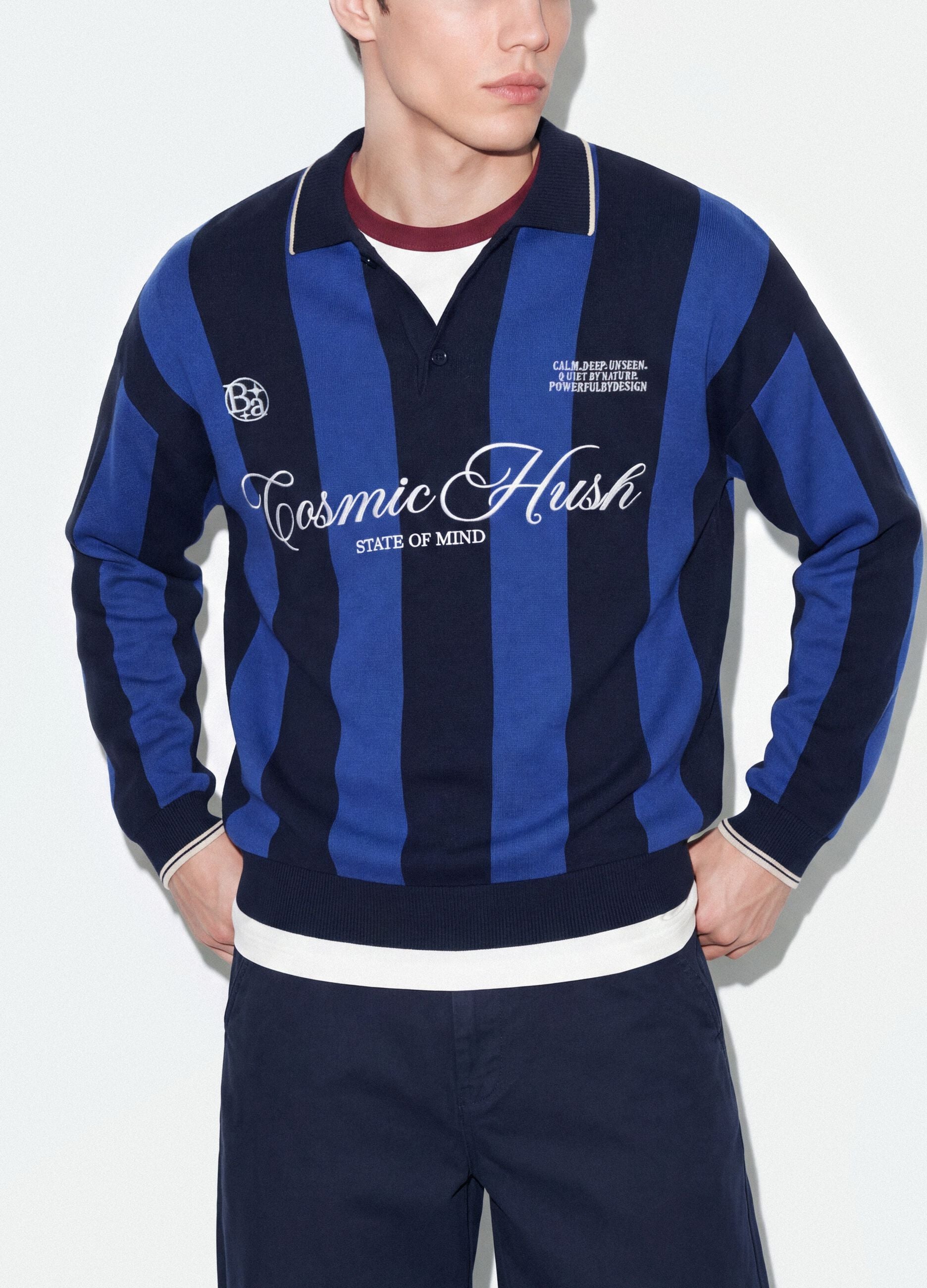 Blue and Black Pure Cotton Polo-Collar Knit Top, Oversized Fit