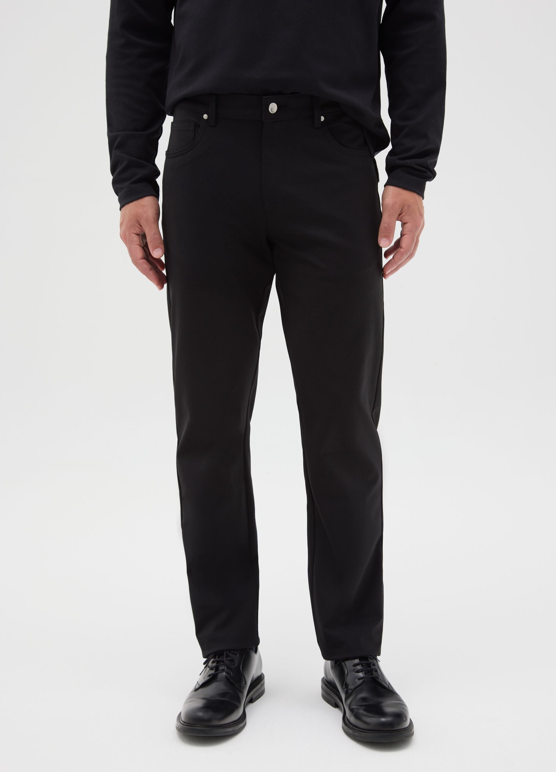 Black Cotton Blend Slim Fit Trousers