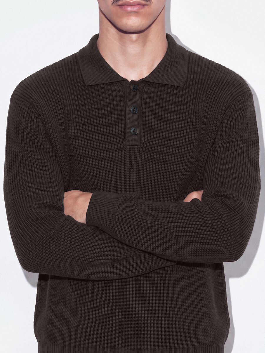 Maglia marrone in puro cotone con colletto polo over fit_2