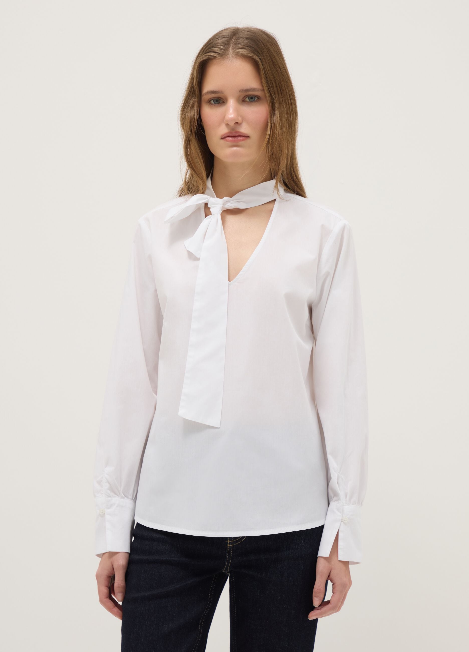 White pure cotton regular fit shirt with ribbon collar