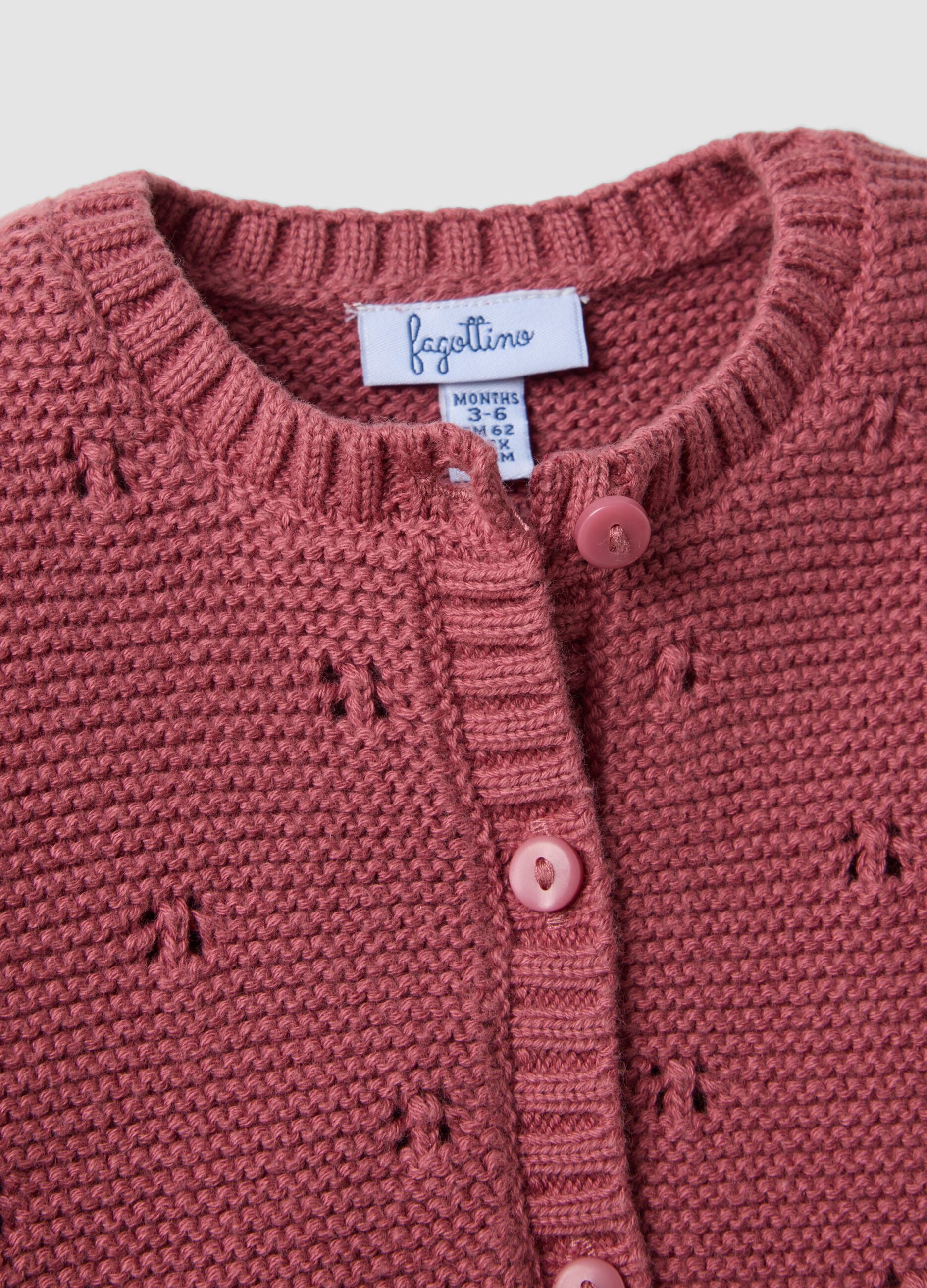 Pink organic cotton openwork knit set for baby girl
