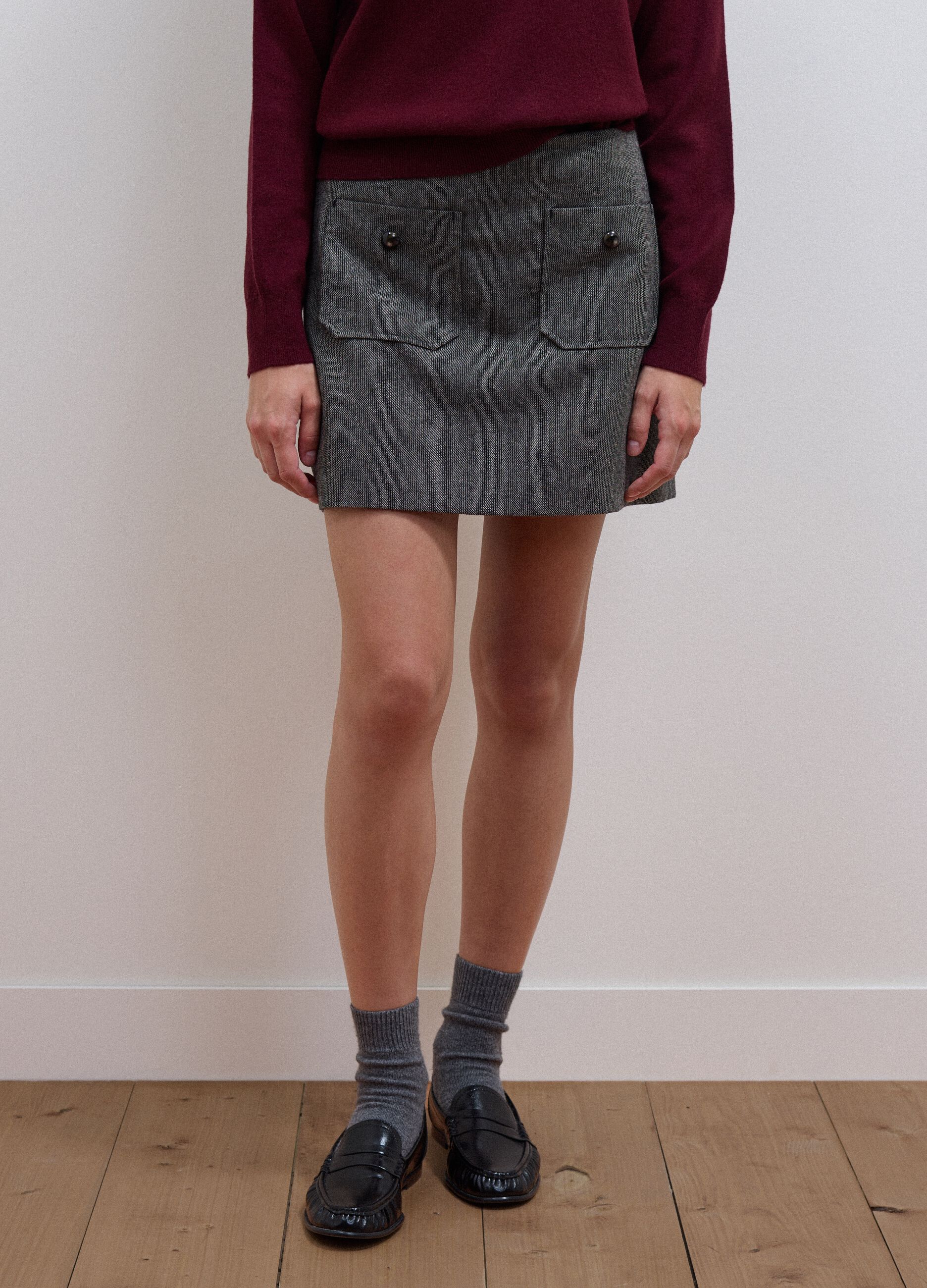 Grey wool-blend and viscose skirt with lining