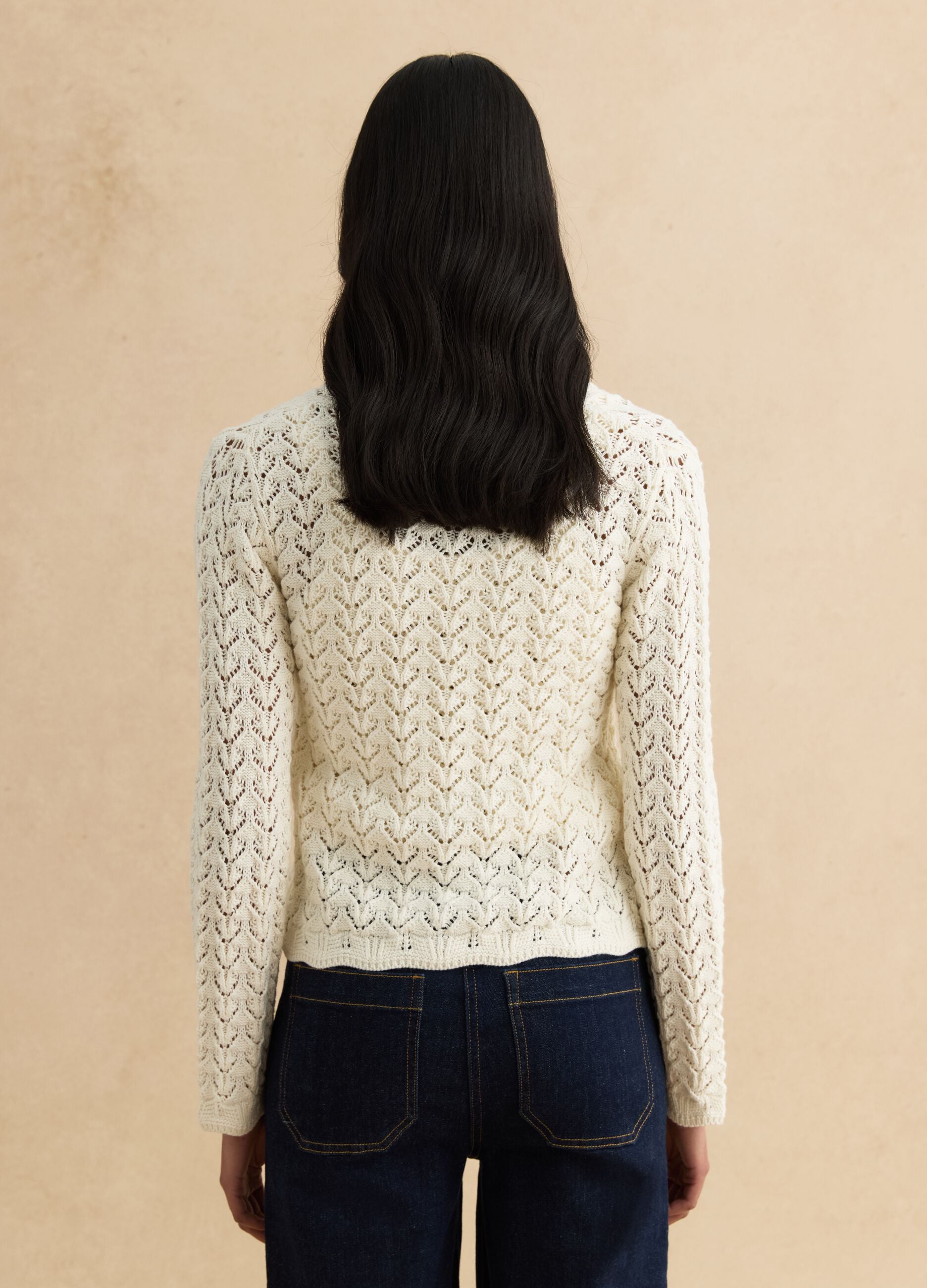 White pure cotton cardigan, regular fit deep V with openwork pattern