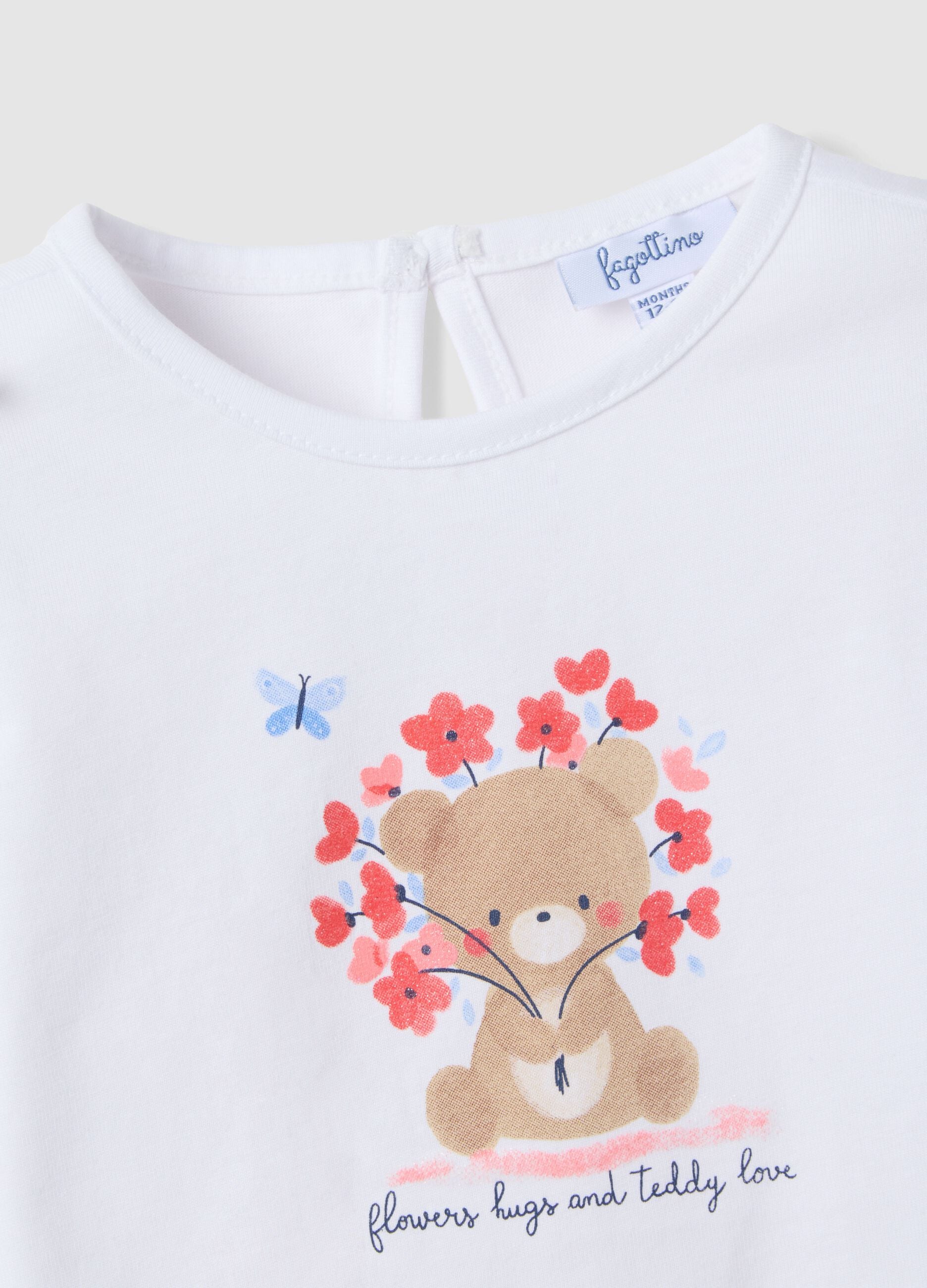 White pure cotton girl's t-shirt regular fit with teddy bear