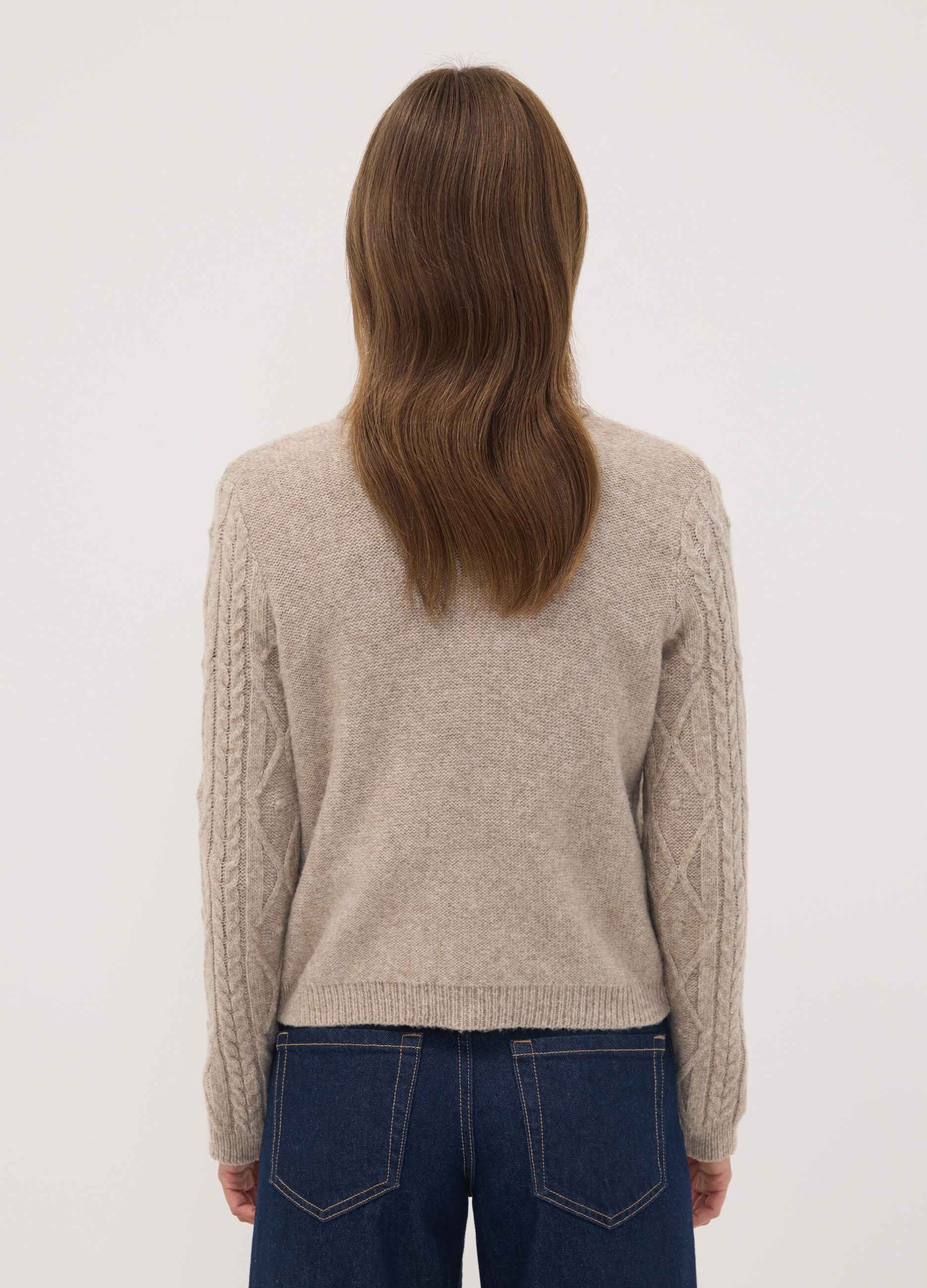 Beige cable-knit wool-blend cardigan