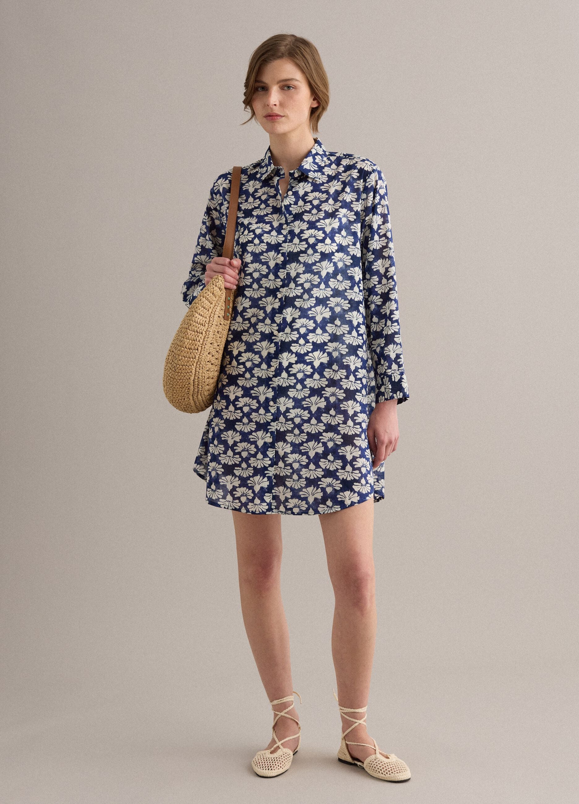 Blue long pure cotton shirt with floral print