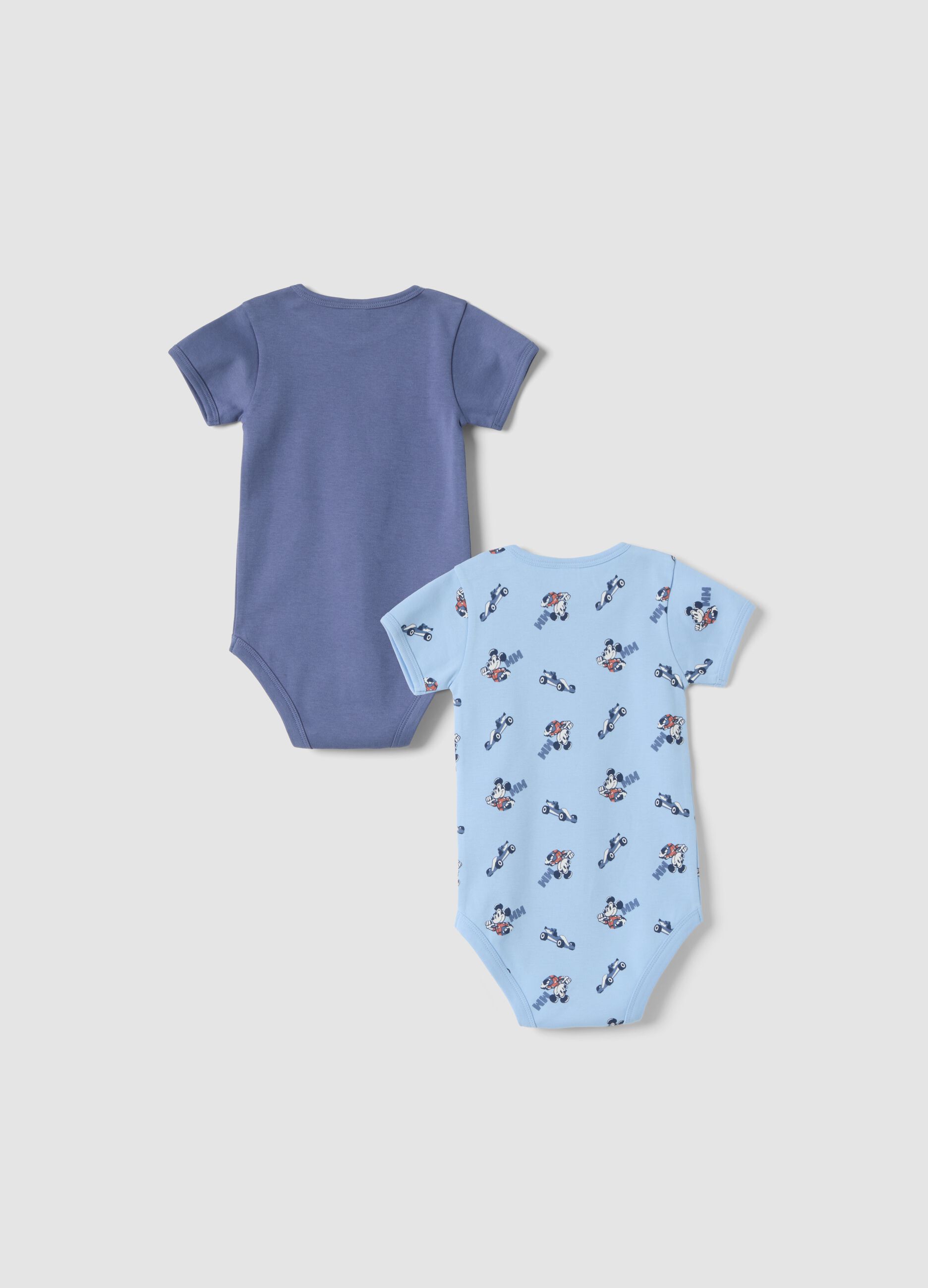 2-pack baby blue organic cotton bodysuits with Mickey print