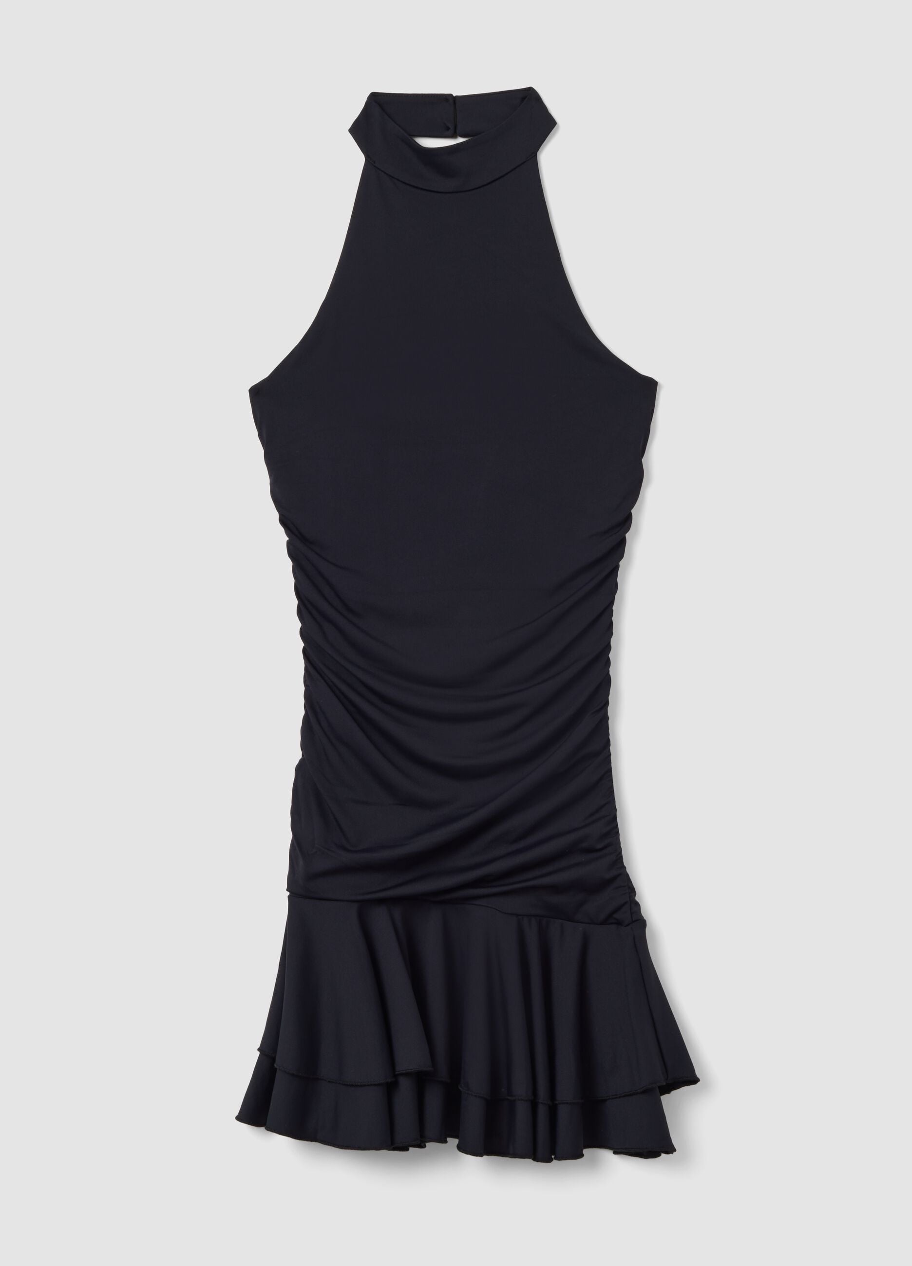 Black stretch dress with high neck and ruffle hem