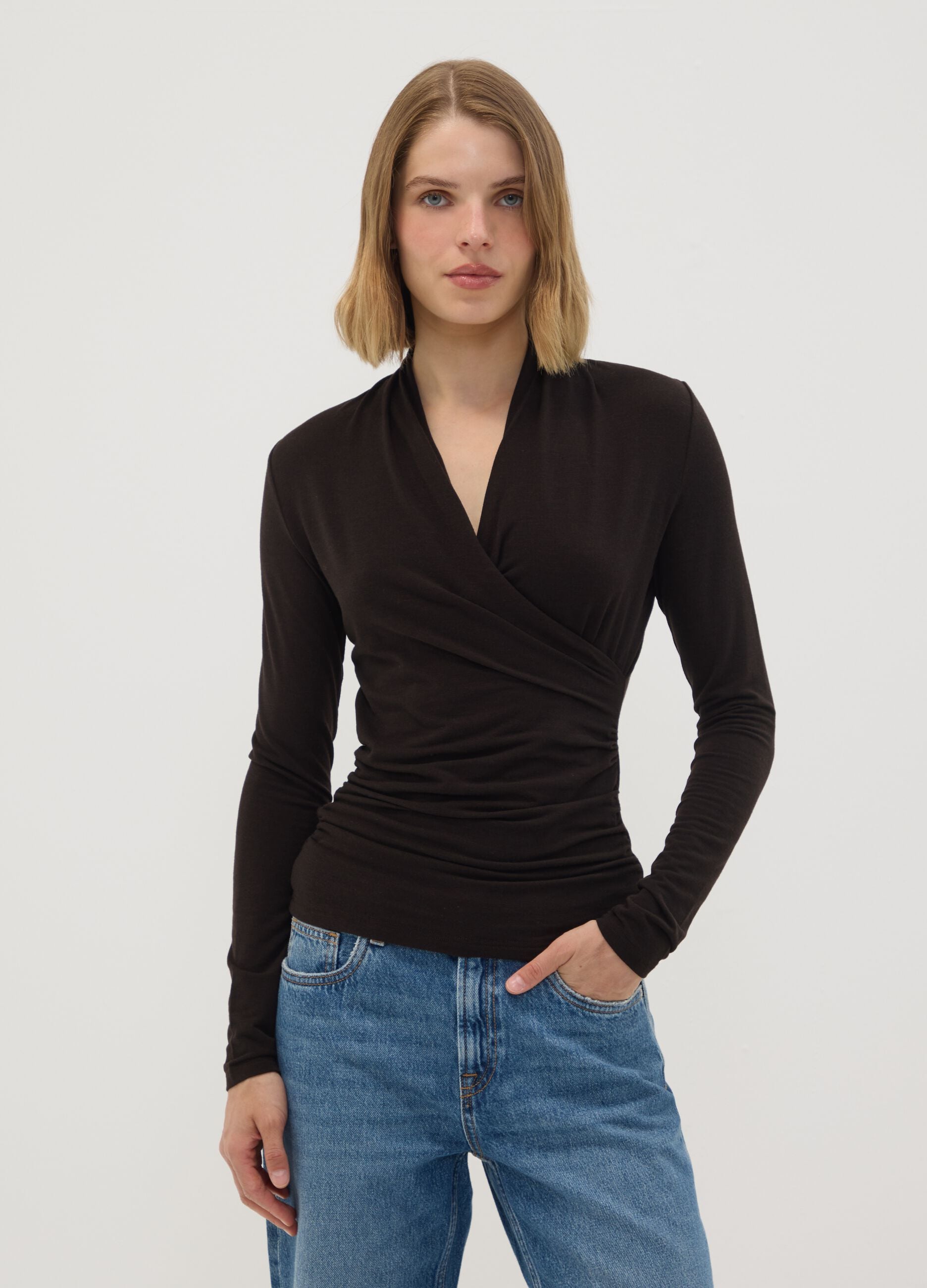 Brown stretch viscose, silk and wool crew-neck T-shirt, regular fit