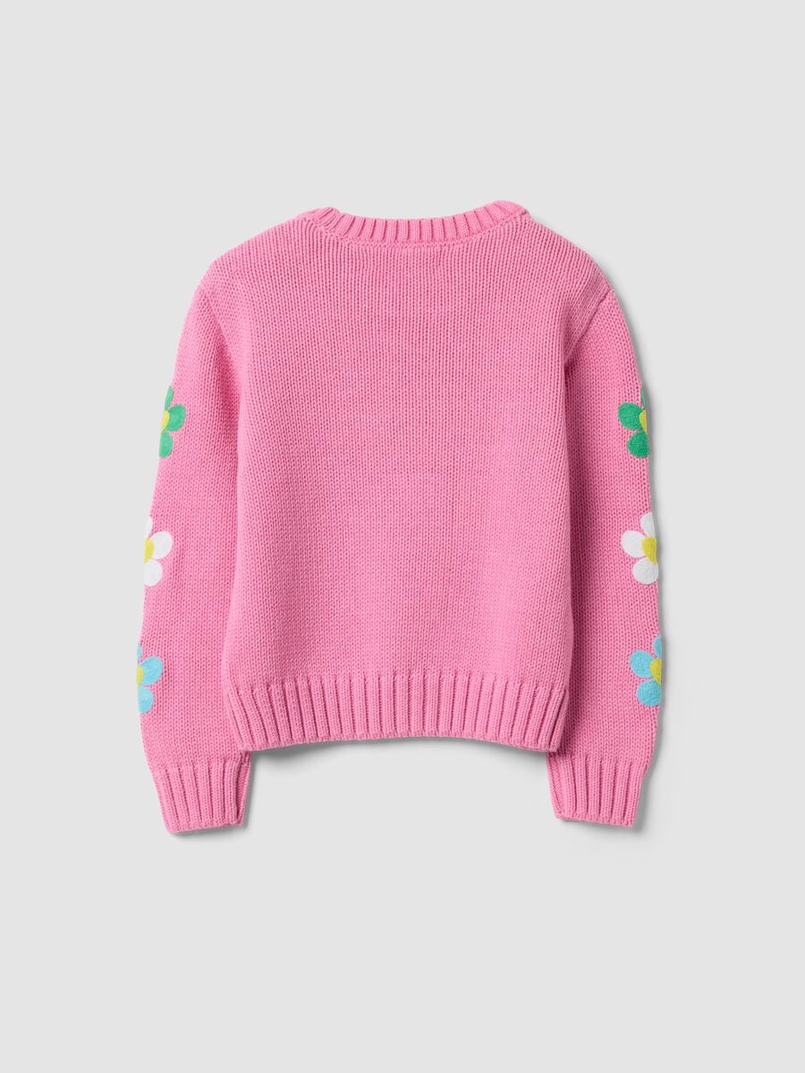 Pink cotton-blend crew-neck top with floral sleeves for girls_1