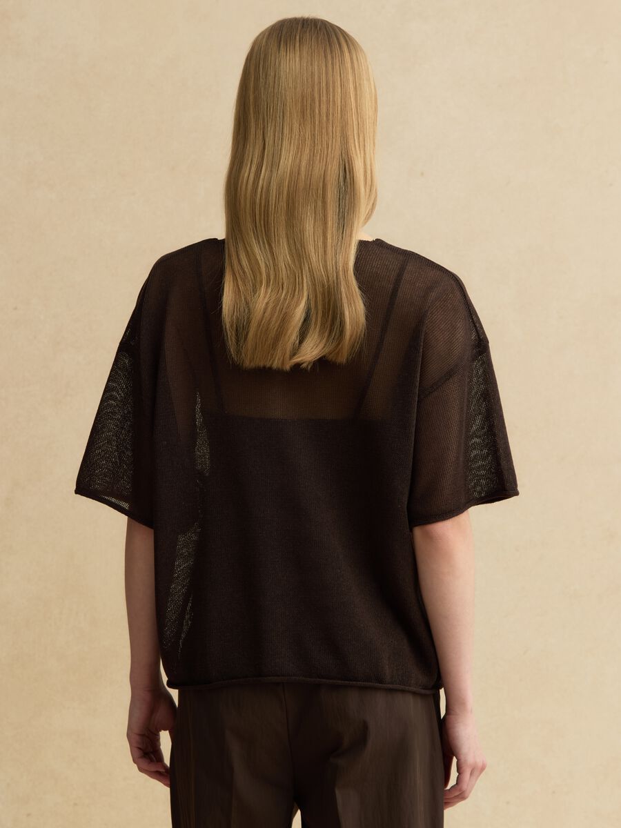 Brown oversized fit V-neck lyocell and linen blend sweater_3