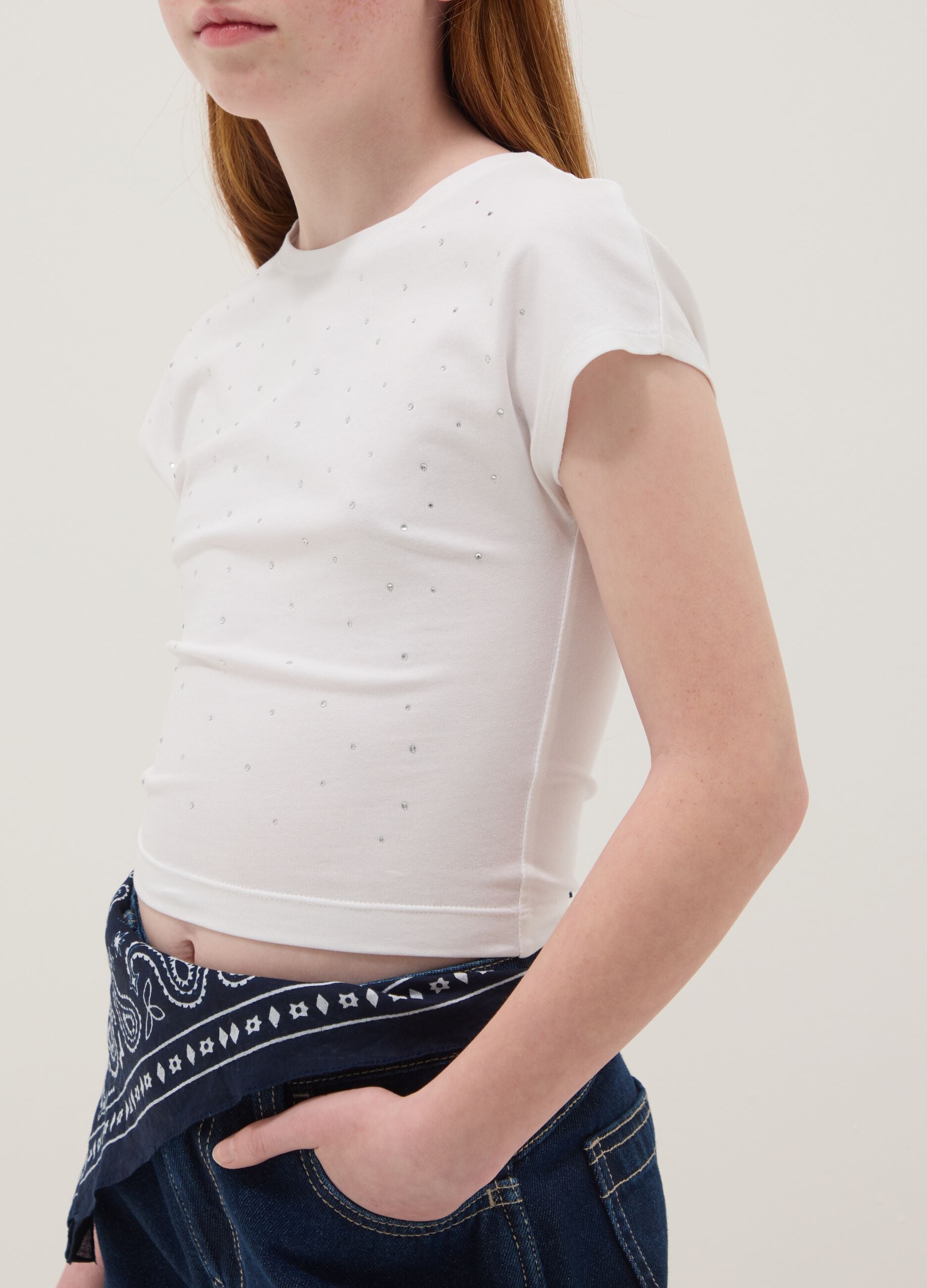 Girls' Slim Fit White Stretch Cotton T-shirt with Rhinestones