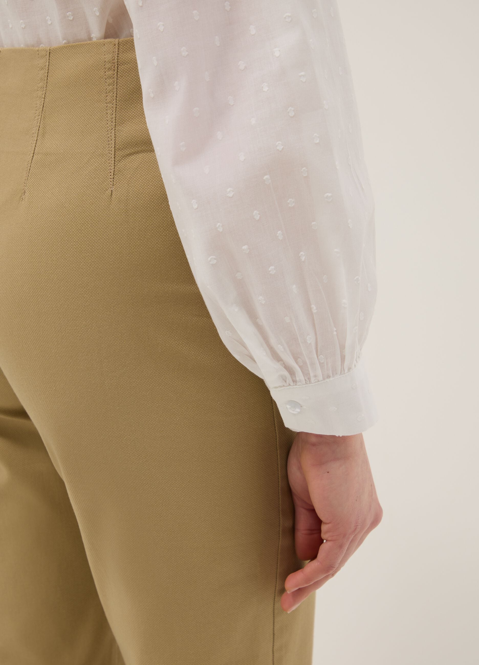 White pure cotton shirt regular fit deep V with polka dots
