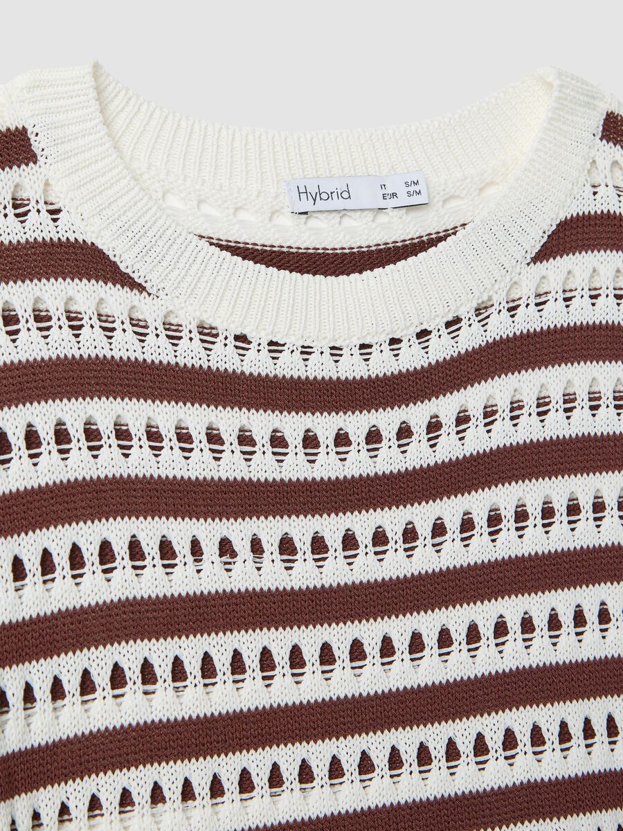 White and brown striped open-knit viscose-blend T-shirt, regular fit_5