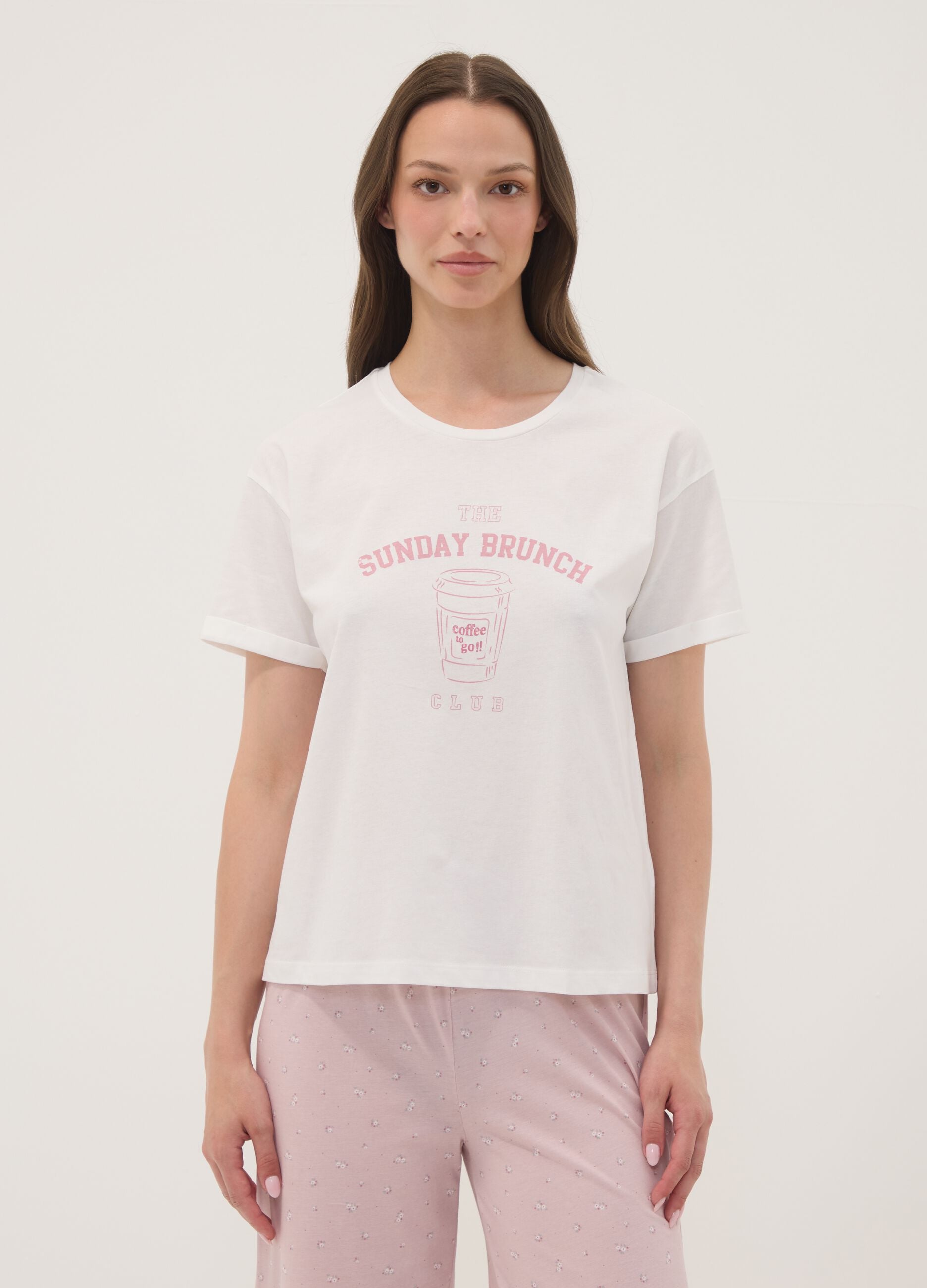 White organic cotton pyjama T-shirt with front slogan