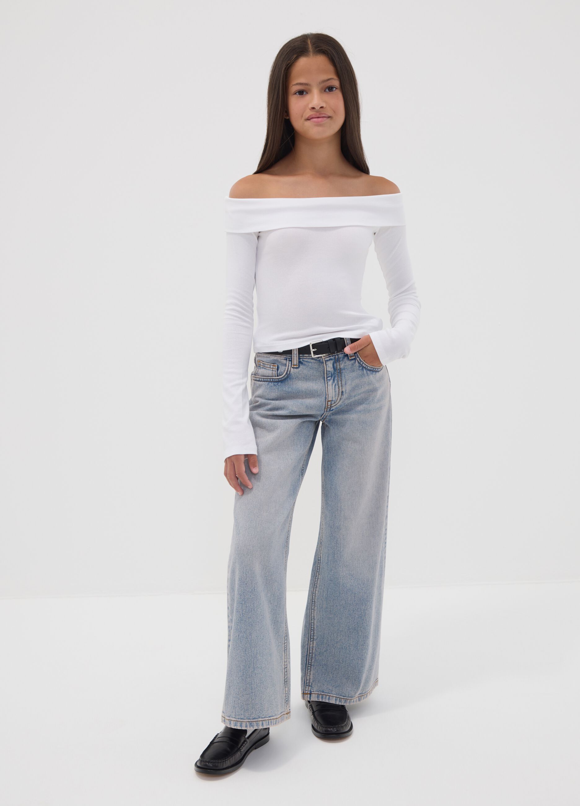 Light blue wide-leg denim jeans in pure cotton for girls
