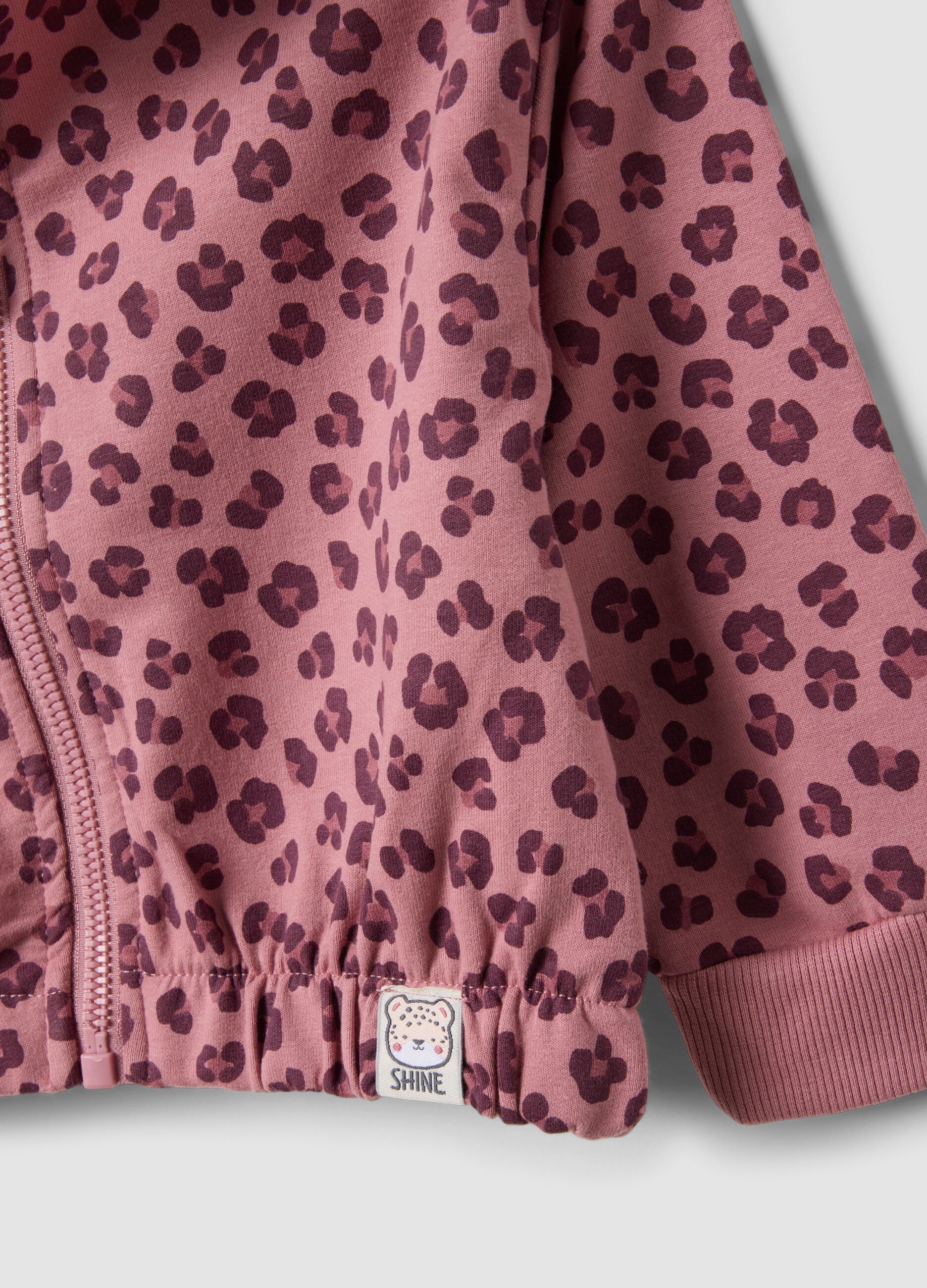 Felpa rosa con cappuccio in cotone elasticizzato e fantasia animalier per bimba