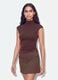 Brown fitted modal and stretch cotton T-shirt with mock neck_0