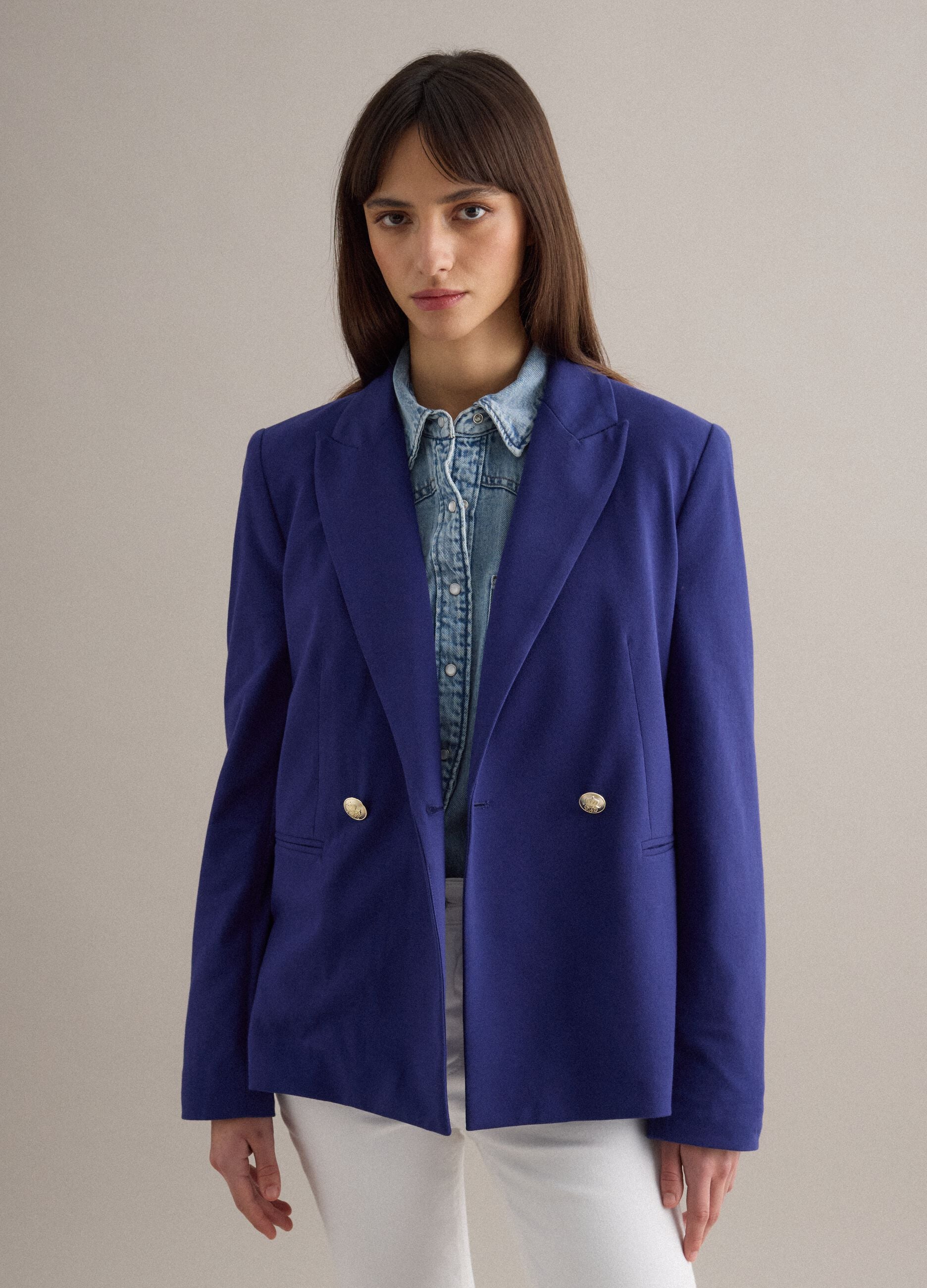 Blue Cotton Stretch Regular Fit Blazer