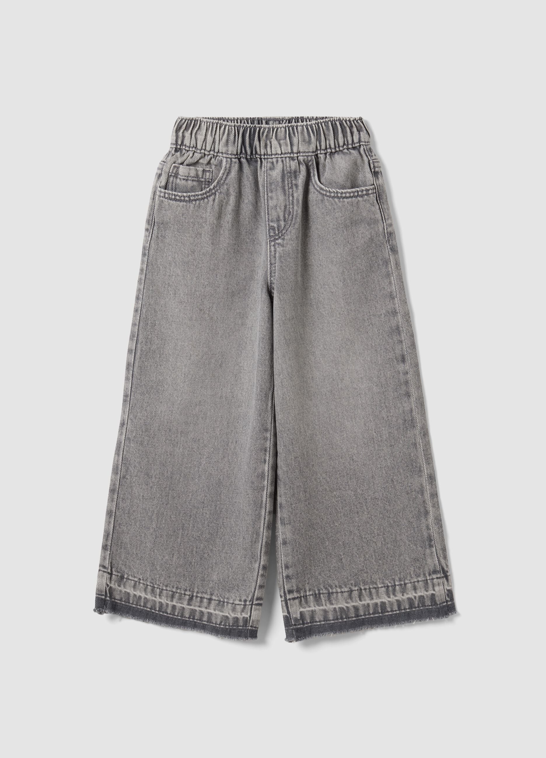 Girls' Grey Wide-Leg Pure Cotton Jeans with Elasticated Waist