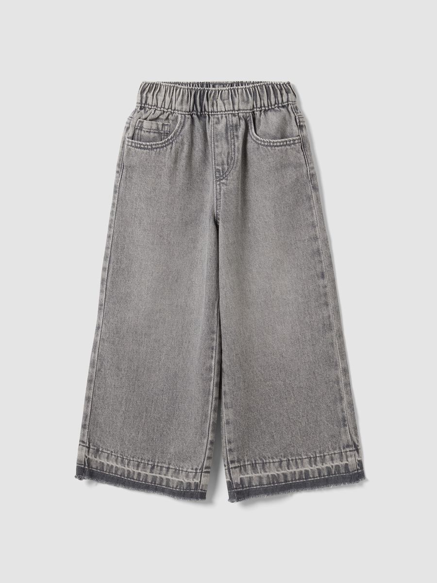 Girls' Grey Wide-Leg Pure Cotton Jeans with Elasticated Waist_0