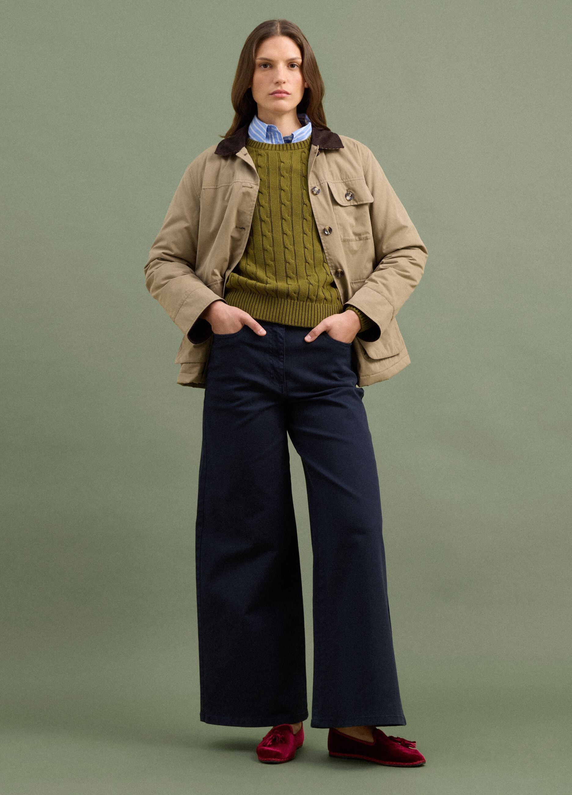 Navy stretch cotton wide-leg trousers