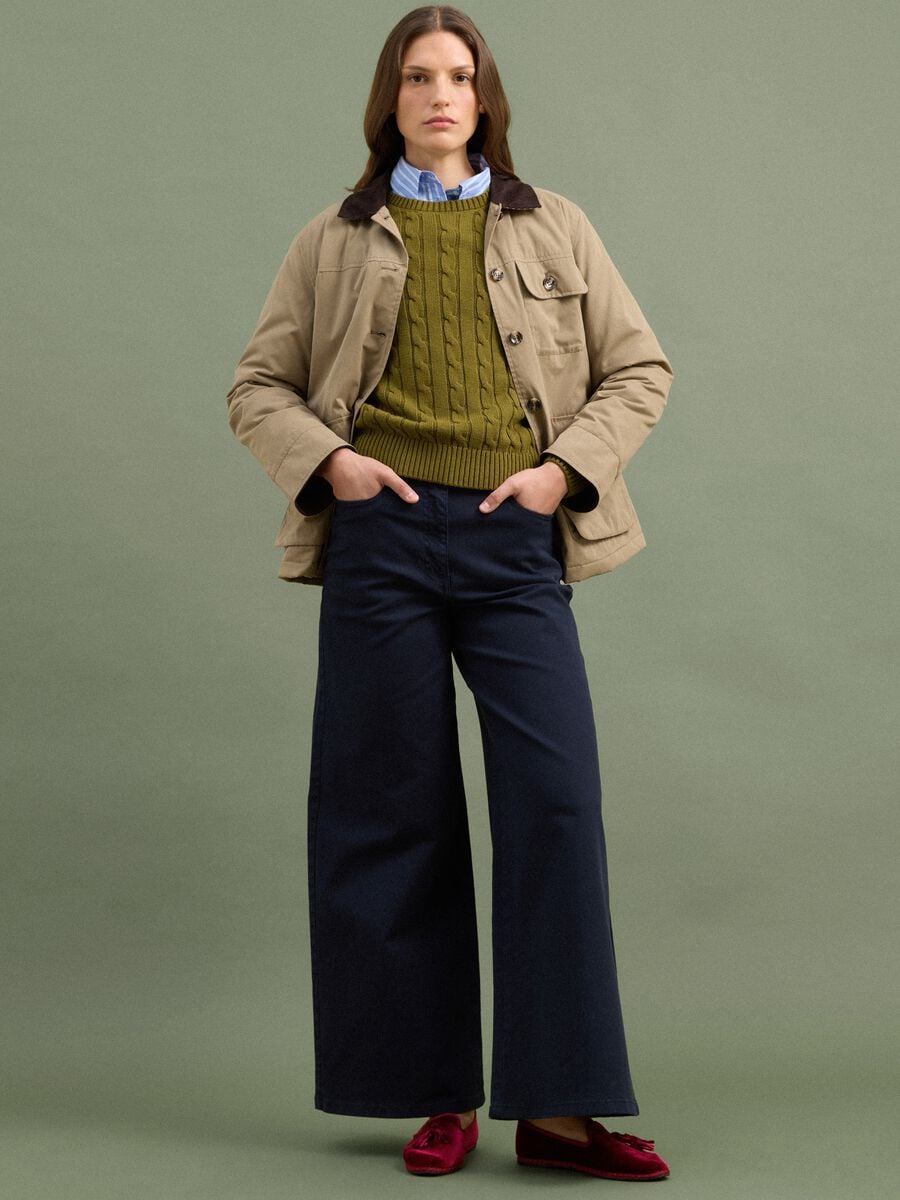 Navy stretch cotton wide-leg trousers_0