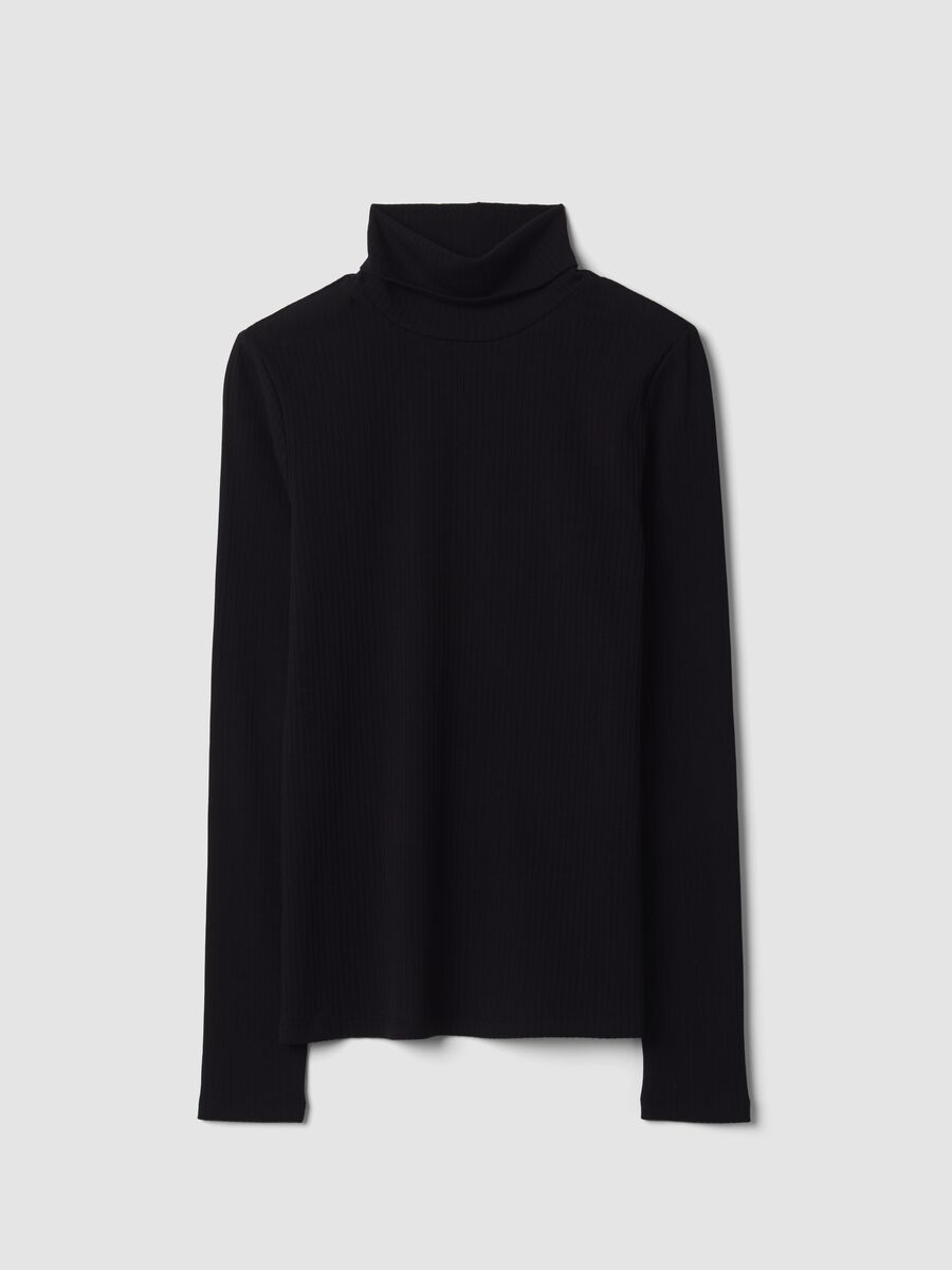 T-shirt nera in cotone elasticizzato a costine girocollo regular fit_0
