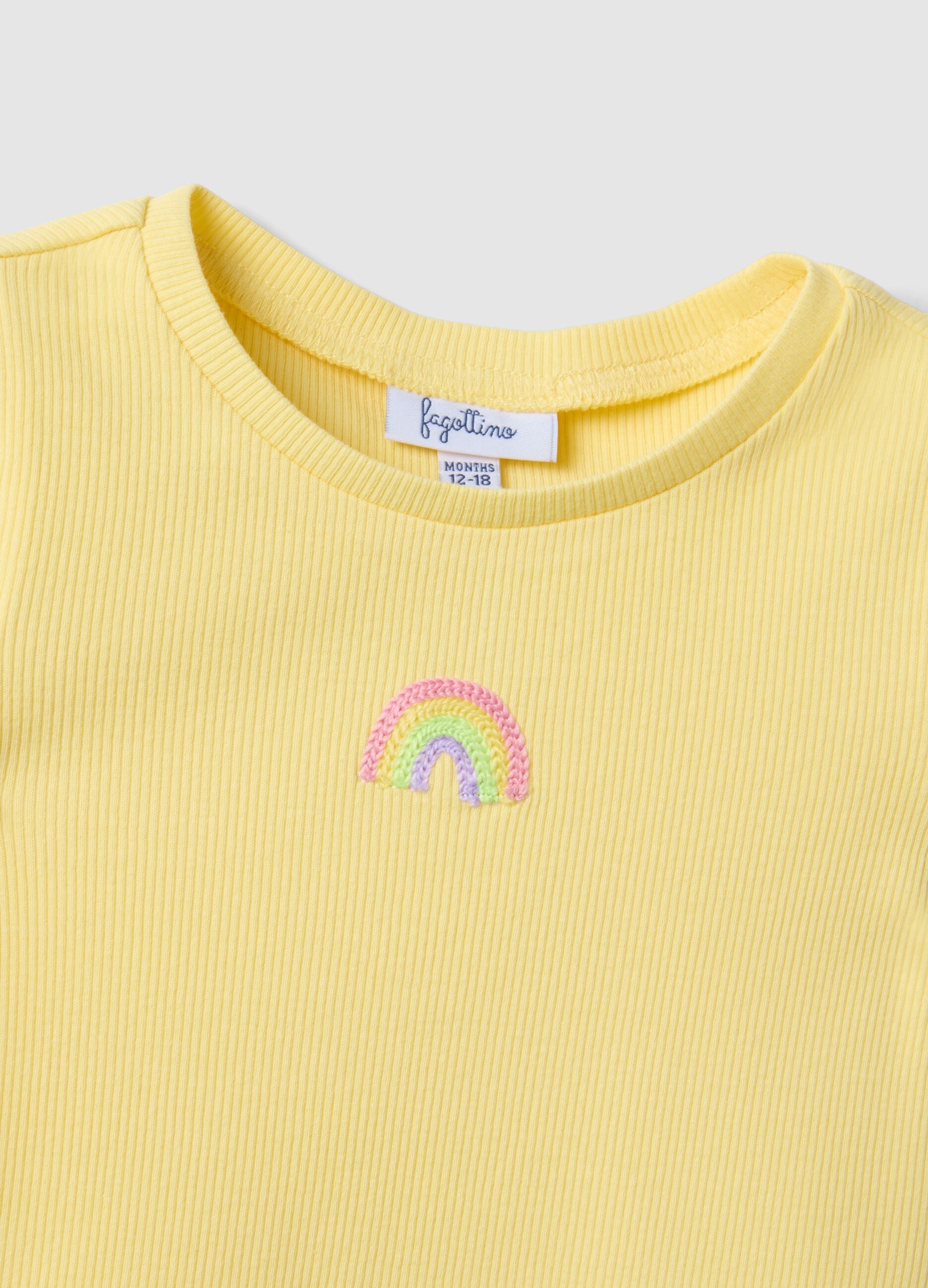 Yellow Stretch Cotton T-Shirt for Girls with Rainbow