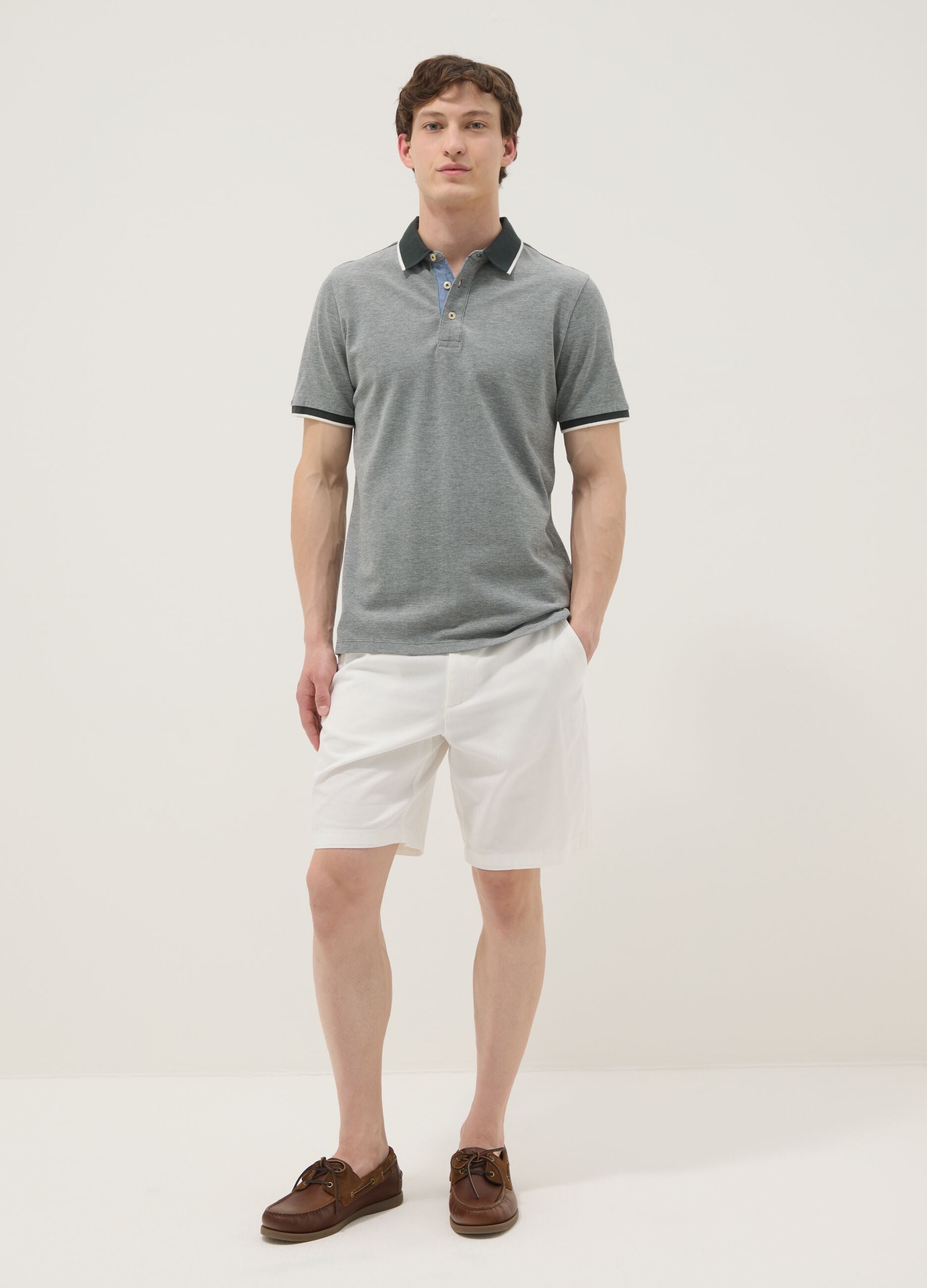 Grey pure cotton polo shirt with classic collar