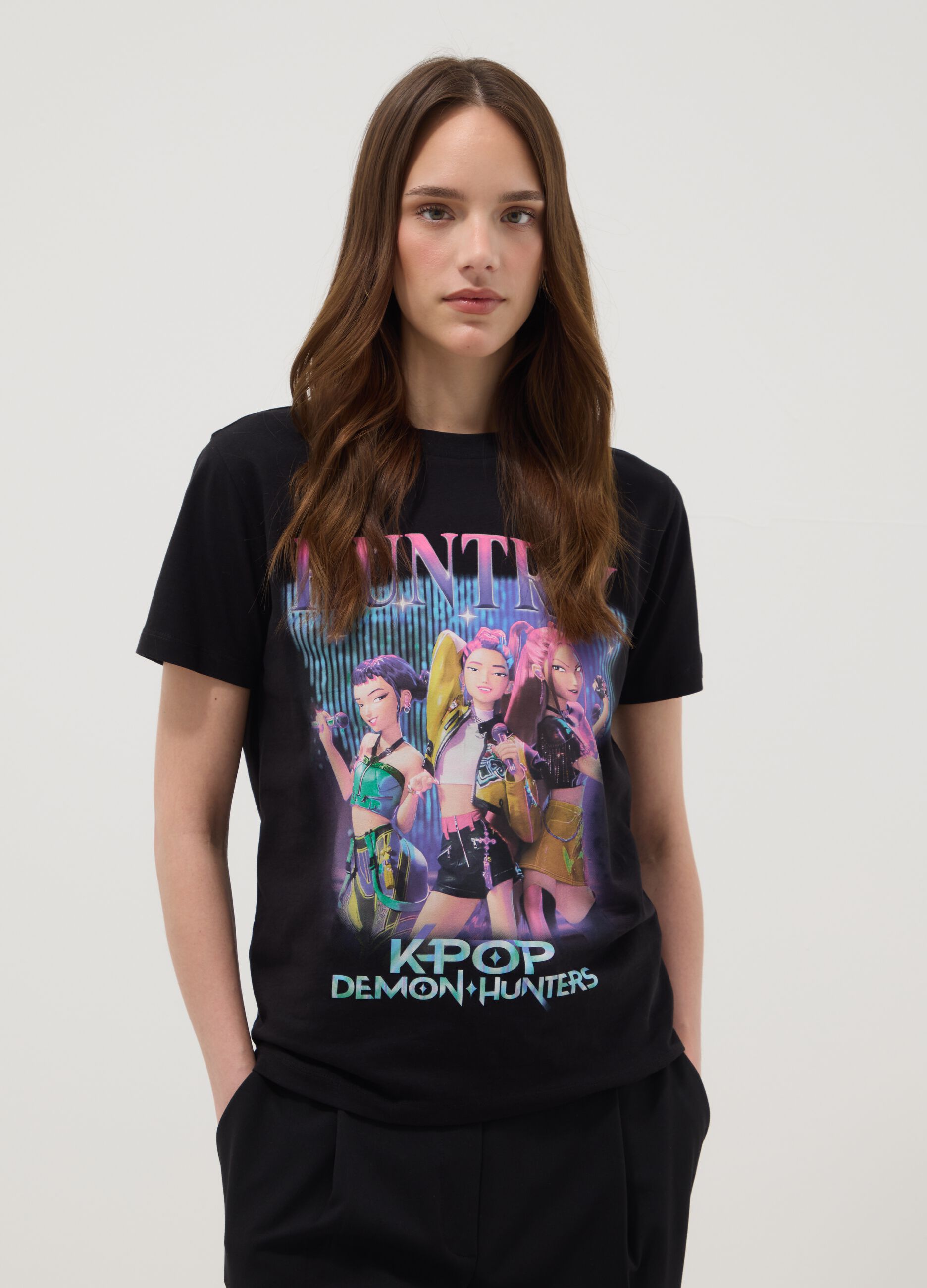 Black pure cotton T-shirt with K-Pop Demon Hunter print, regular fit