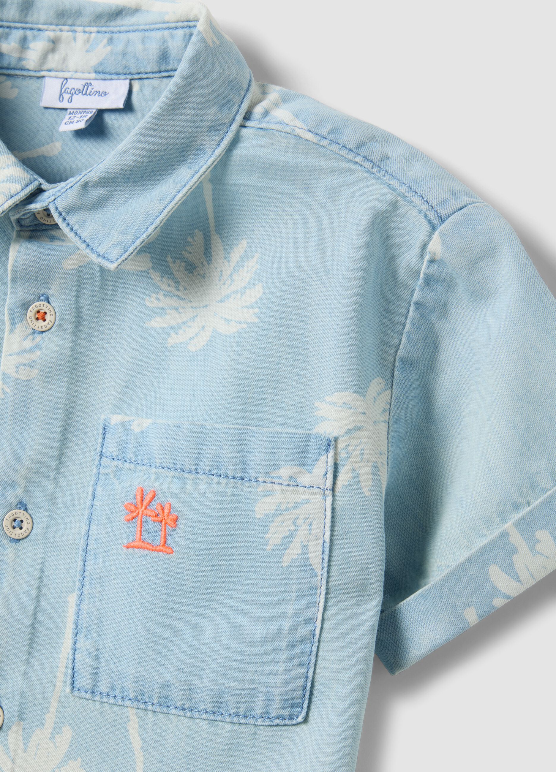 Light Blue Pure Cotton Denim Child's Shirt Regular Fit with Palm Trees