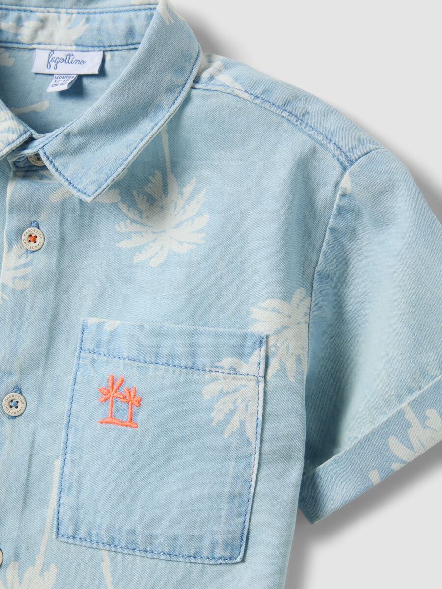 Light Blue Pure Cotton Denim Child's Shirt Regular Fit with Palm Trees_2