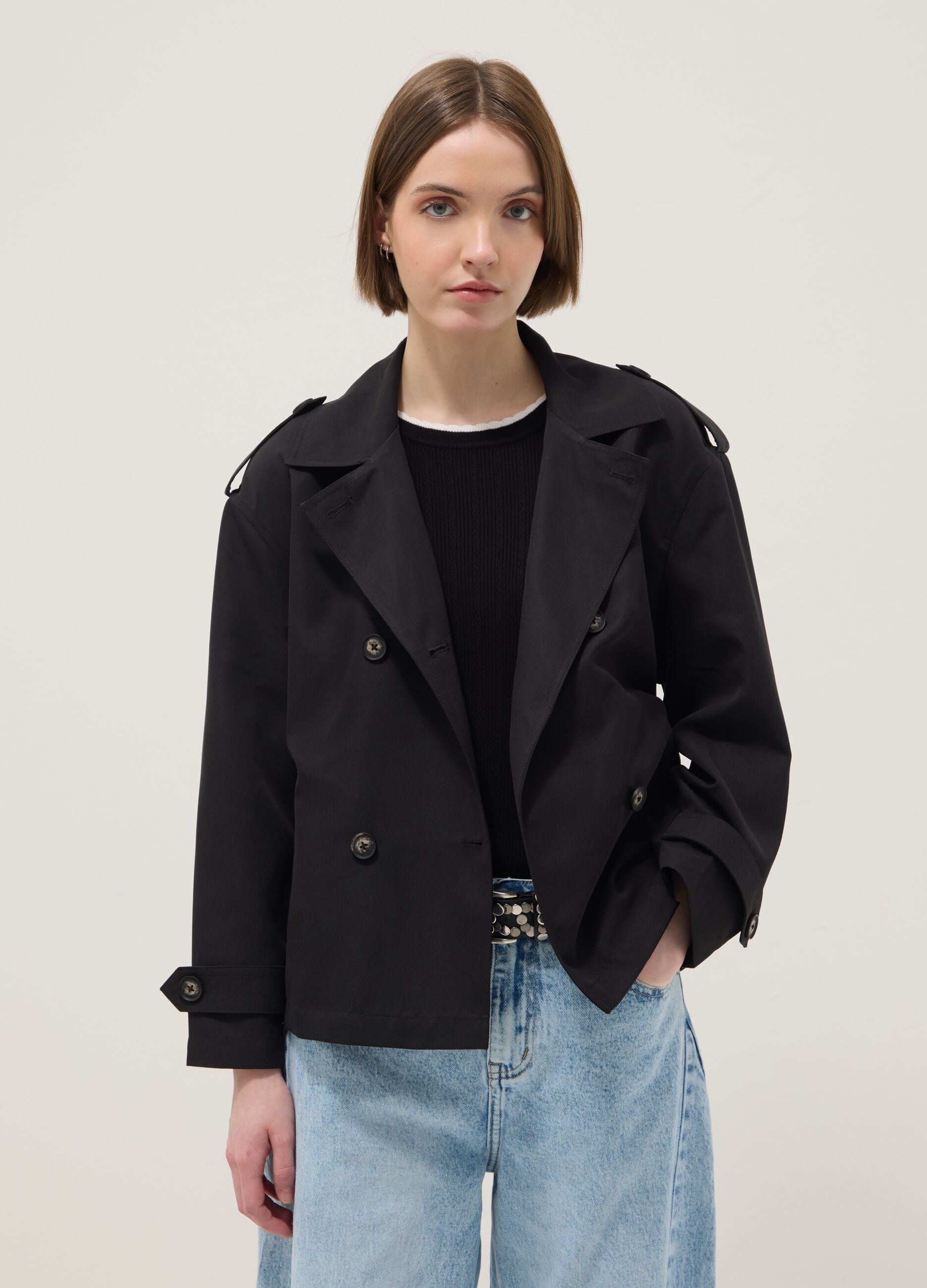 Black double-breasted lightweight jacket regular fit with belt