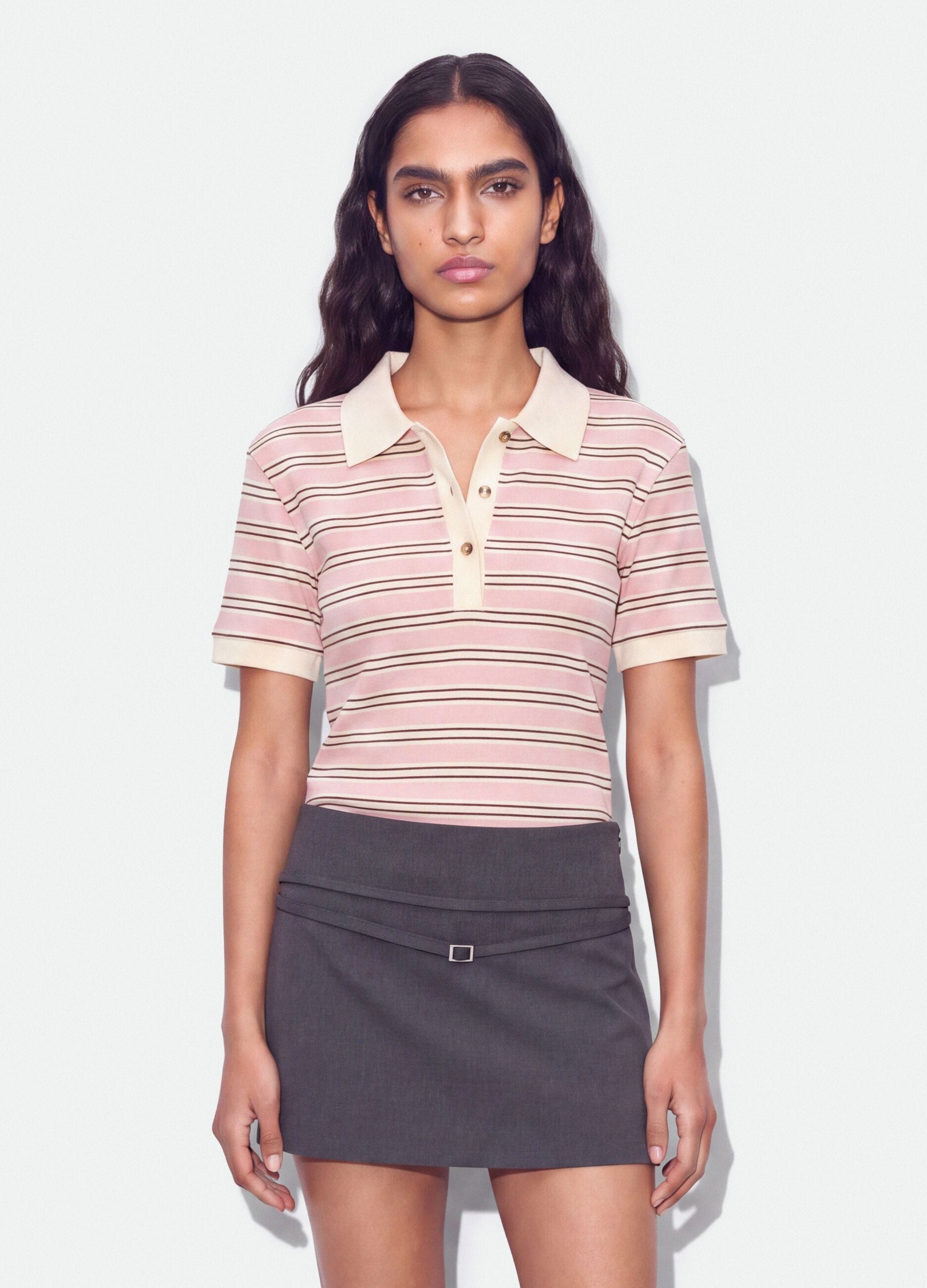 Pink striped cropped stretch-cotton polo, regular fit