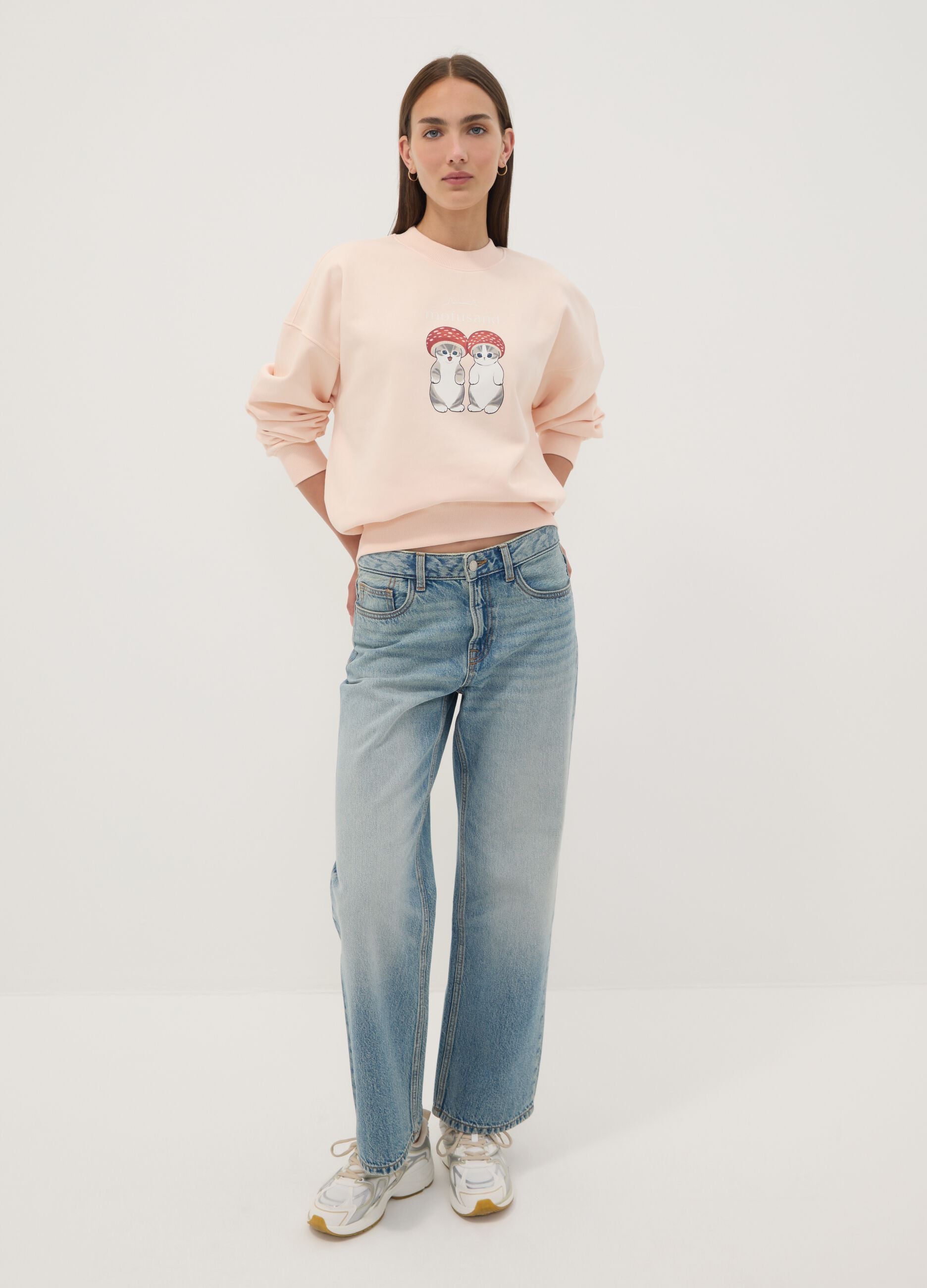 Pink cotton-blend sweatshirt with kitten print, regular fit