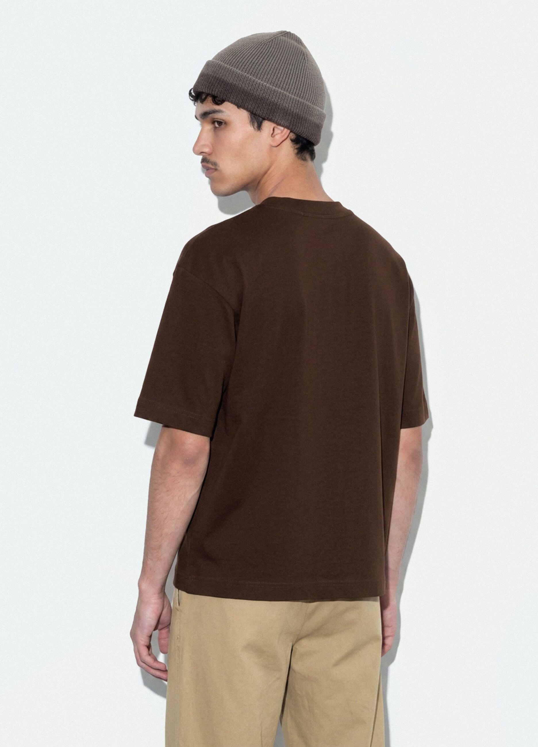 Brown pure cotton T-shirt with chest pocket, boxy fit