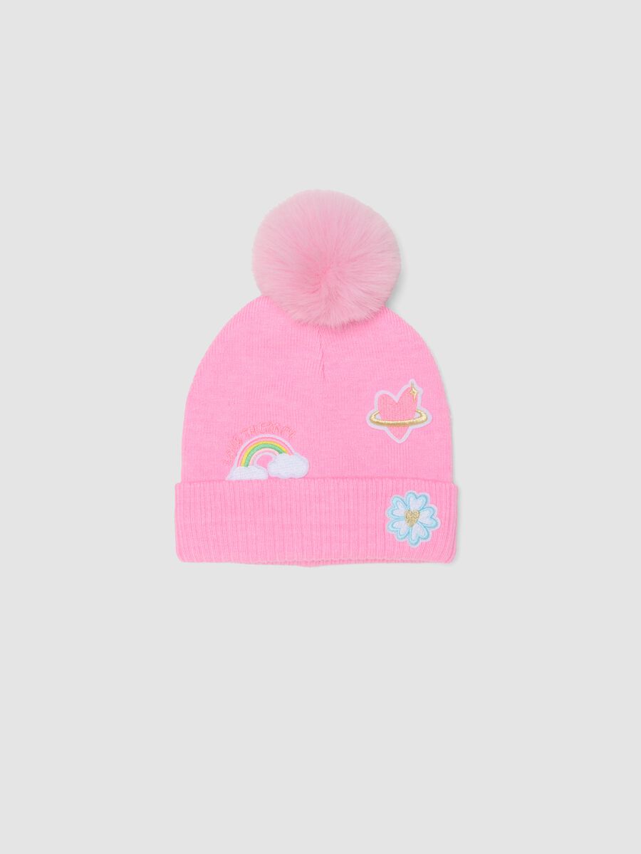 Pink viscose-blend beanie with pompom_0