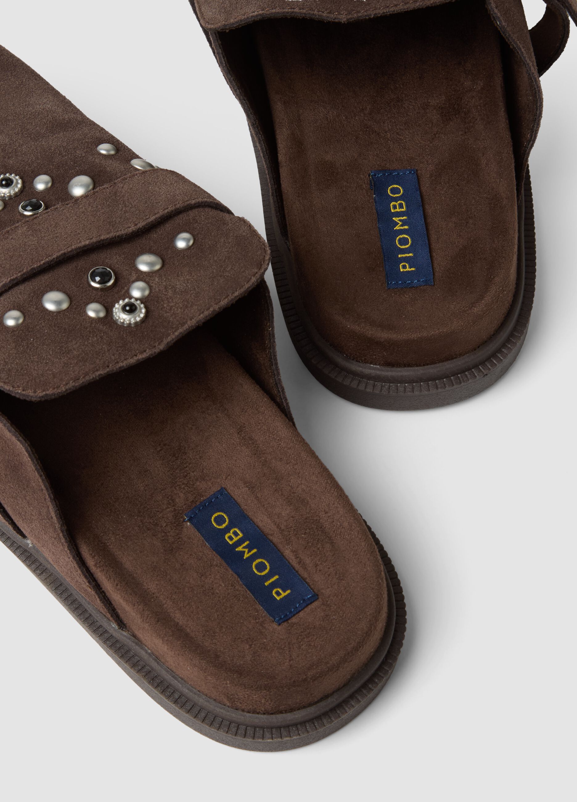 Brown genuine leather loafers with buckle and studs
