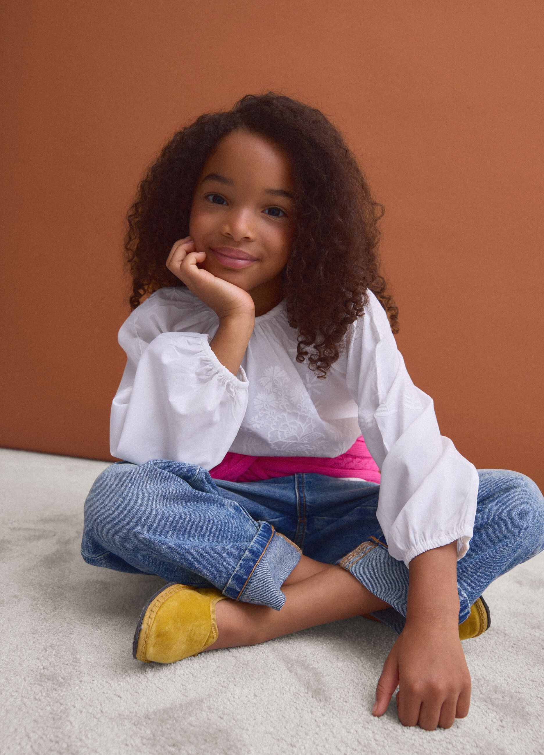 White pure cotton blouse with embroidery and gathered neckline for girls