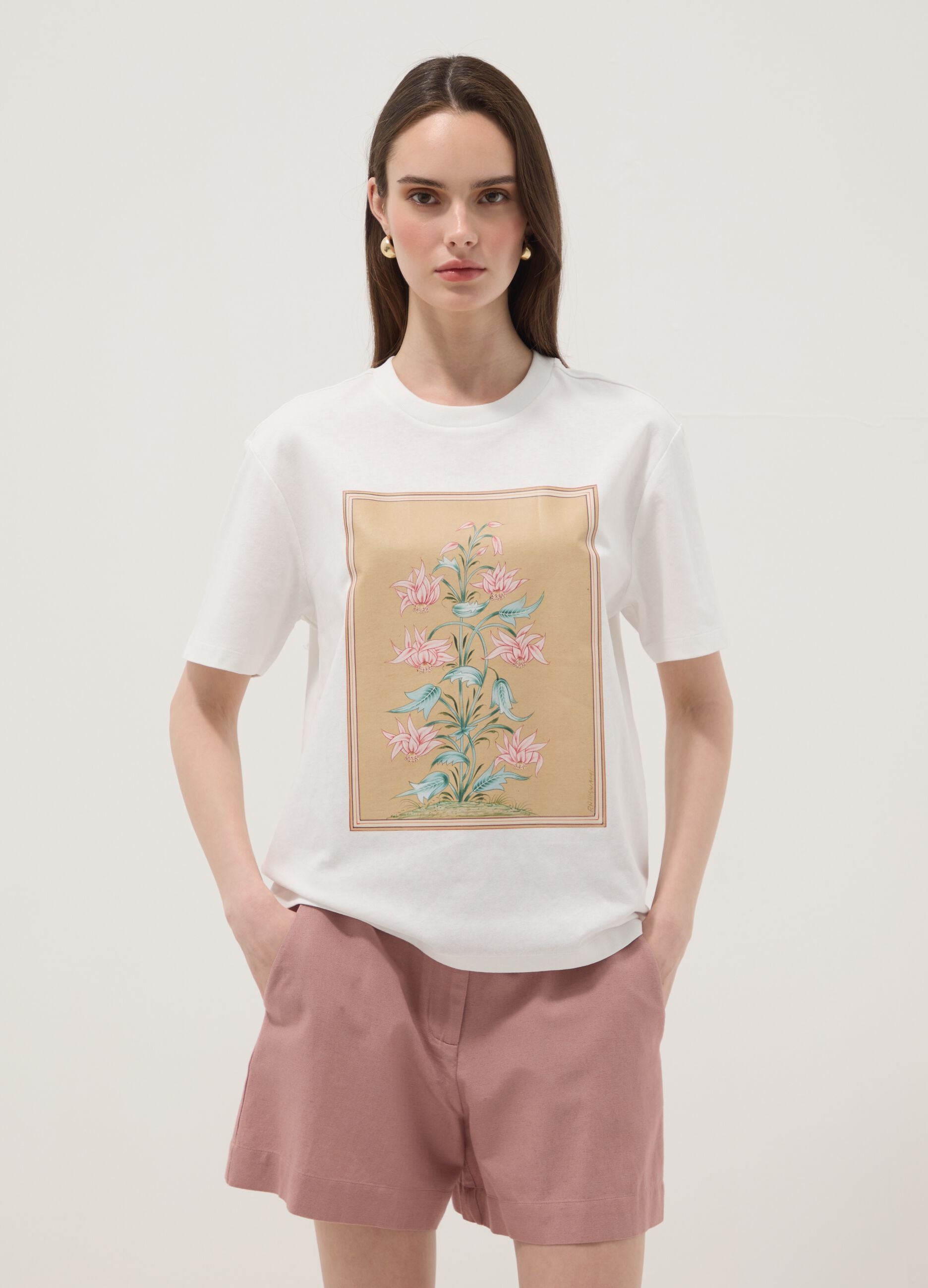 White pure cotton T-shirt with floral print
