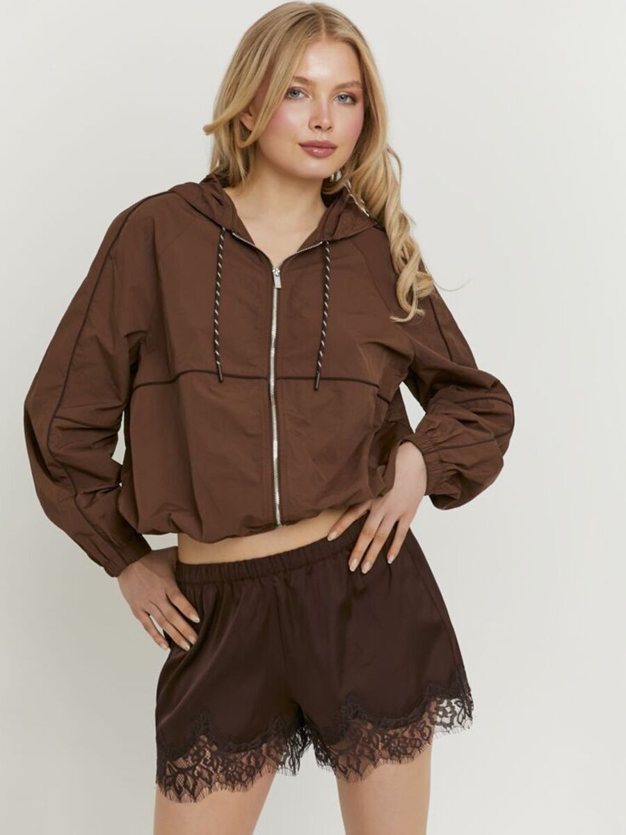 Brown stretch shorts with lace trim_0