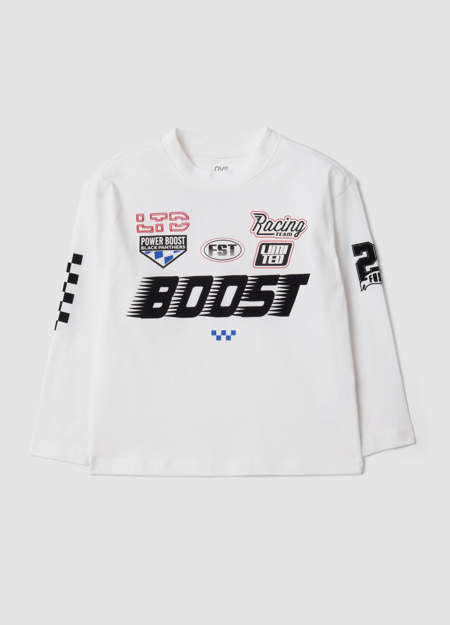 White pure cotton crew-neck racing print T-shirt for boys
