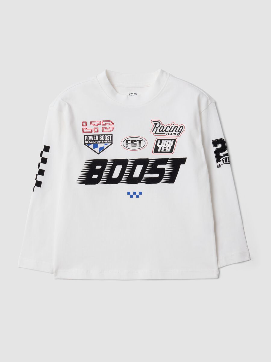 T-shirt bianca in puro cotone con girocollo stampa racing per bambino_0