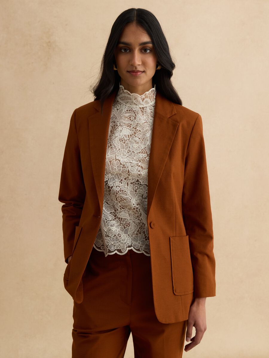 Brown Cotton and Linen Regular Fit Blazer_1