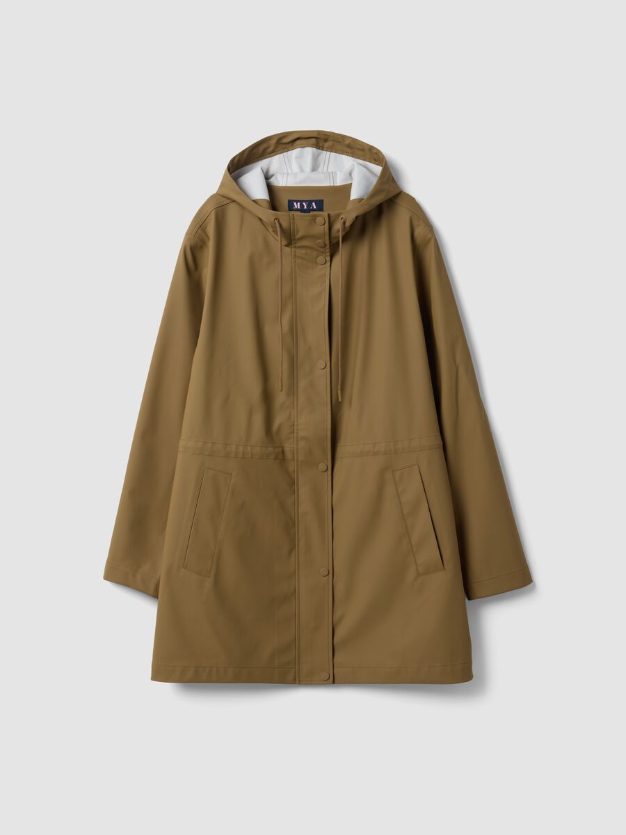 Brown rain jacket with hood, zip and snap-button fastening, regular fit_0