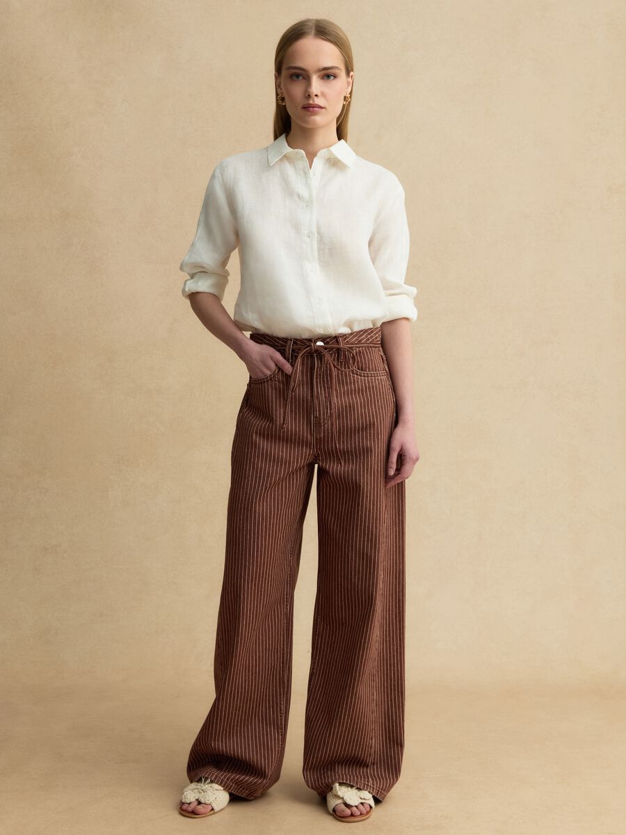 Pantaloni wide leg a righe marroni in puro cotone_0