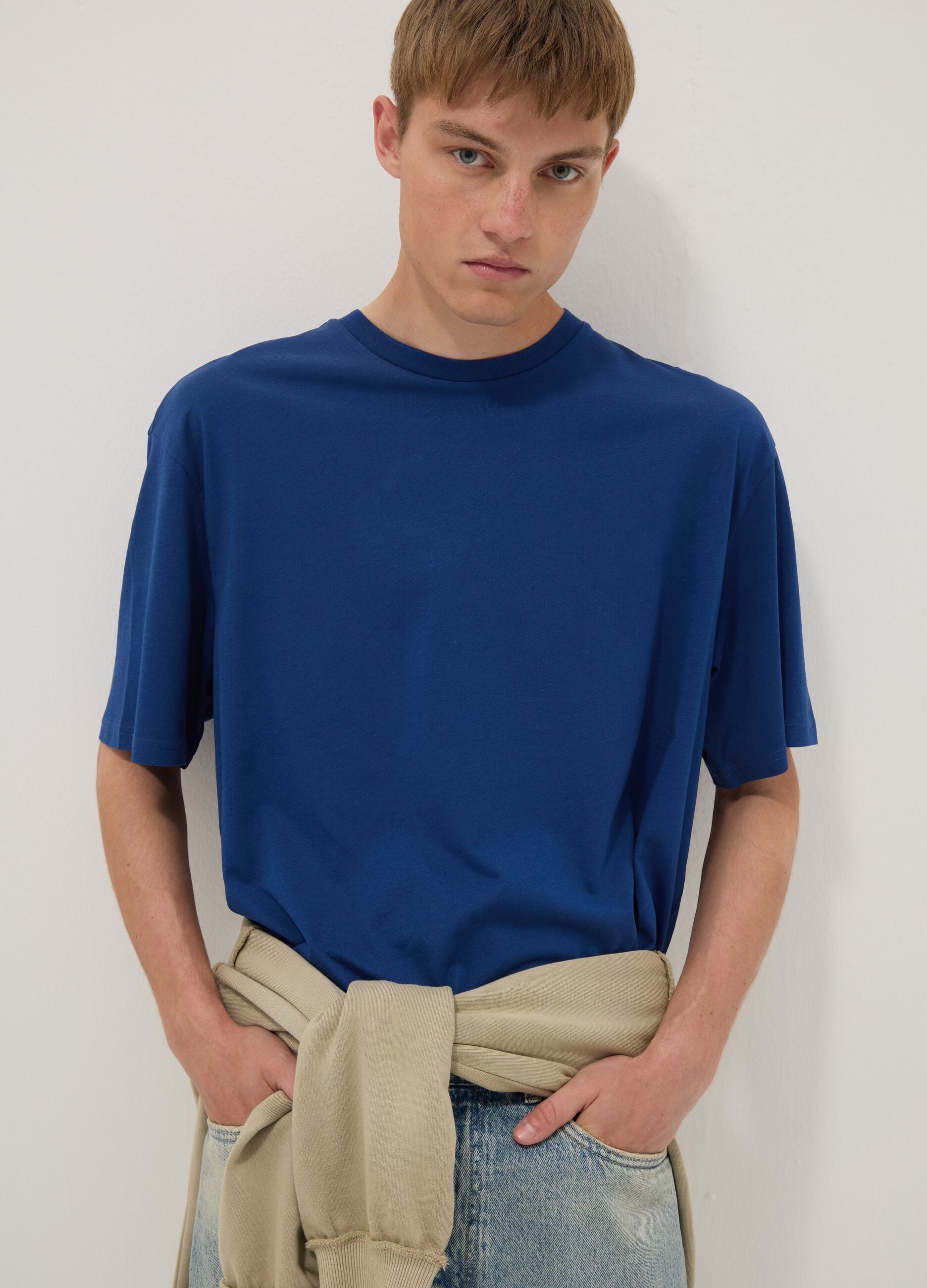 Blue pure cotton short-sleeve T-shirt